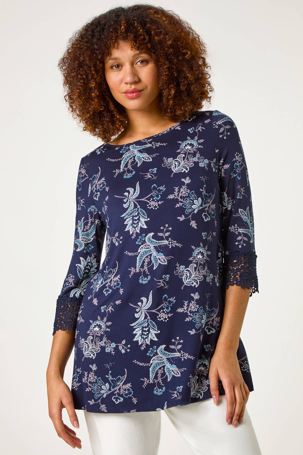 Navy Floral Lace Cuff Stretch Top, Image 5 of 5