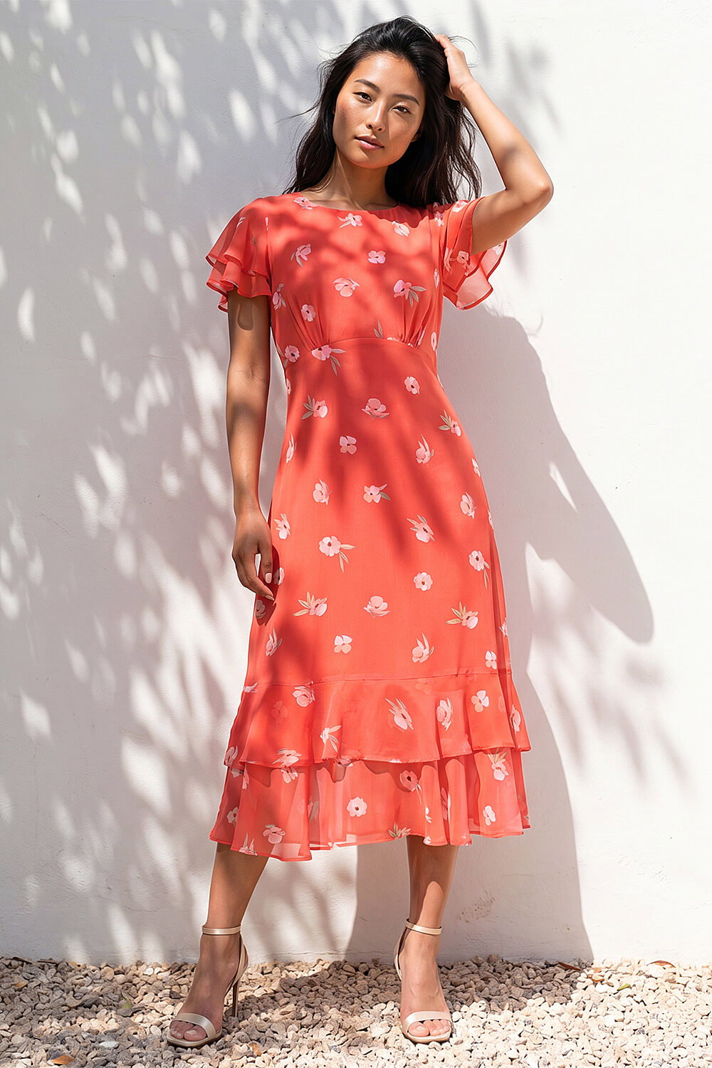 Coral Petite Floral Chiffon Frill Tiered Midi Dress, Image 3 of 4
