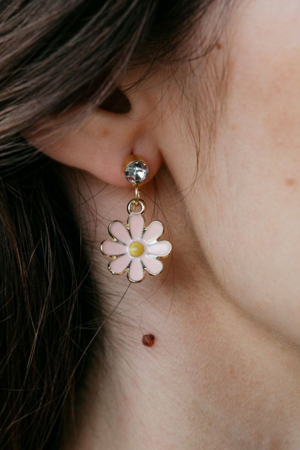 Pink Daisy Zircon Dangle Stud Earrings, Image 1 of 3