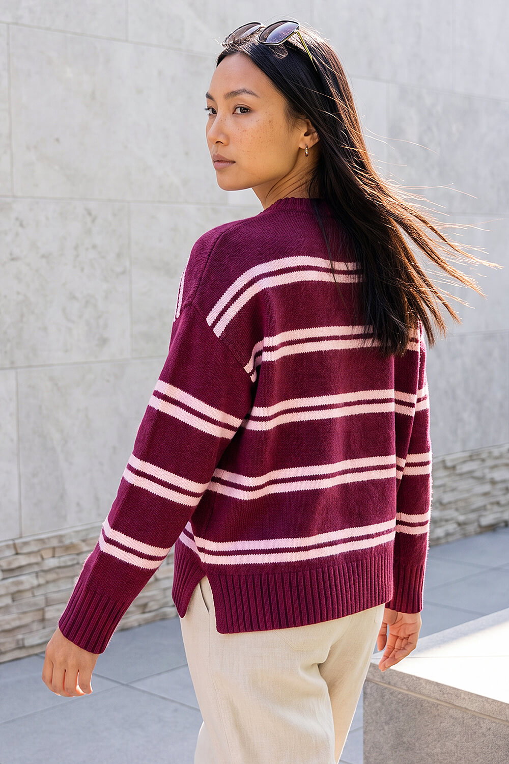 Burgundy Stripe Crew Neck Jumper, Image 3 of 4