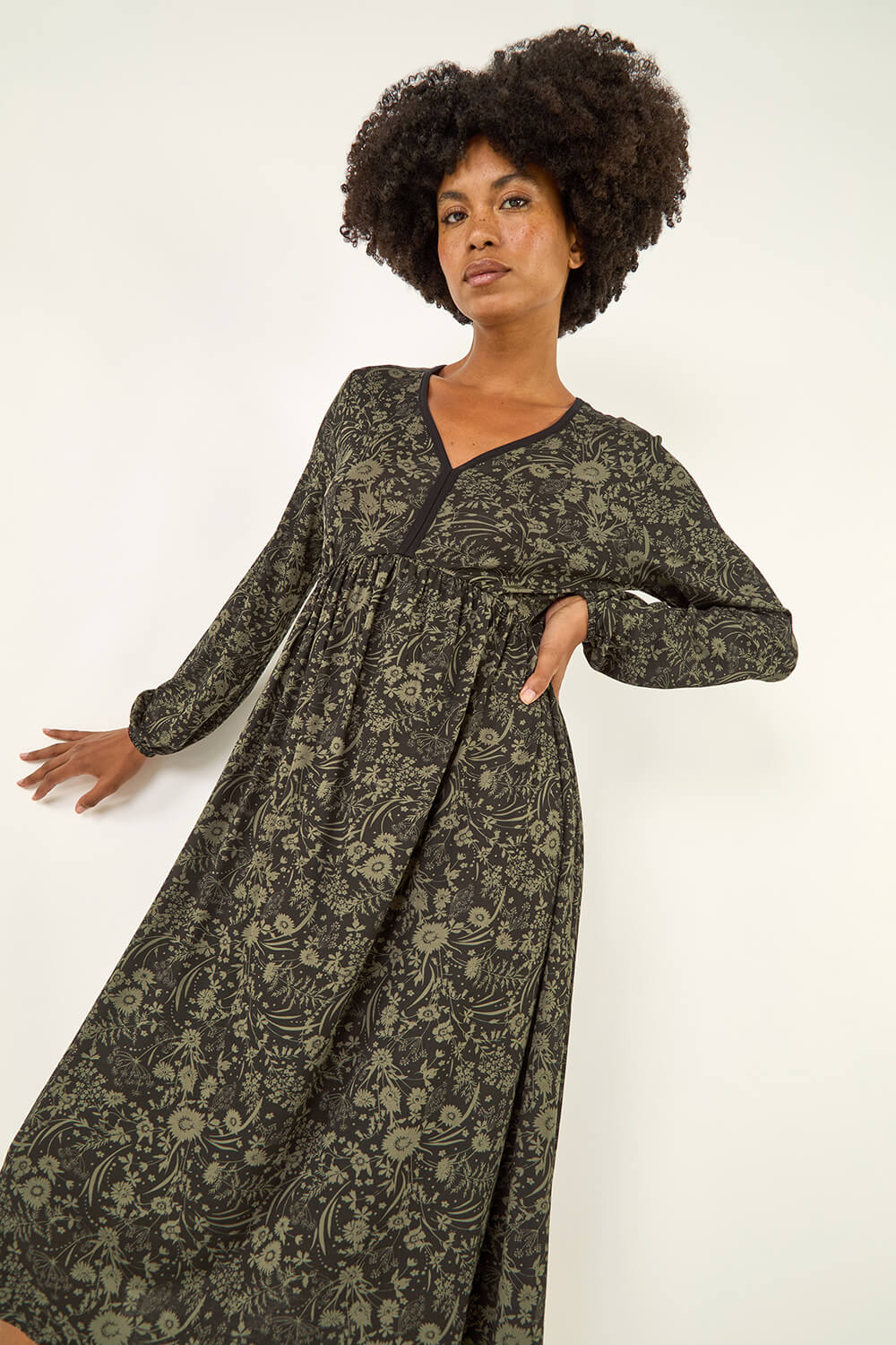 Roman Women's Khaki Floral Print V-Neck Stretch Midi Dress Size 12