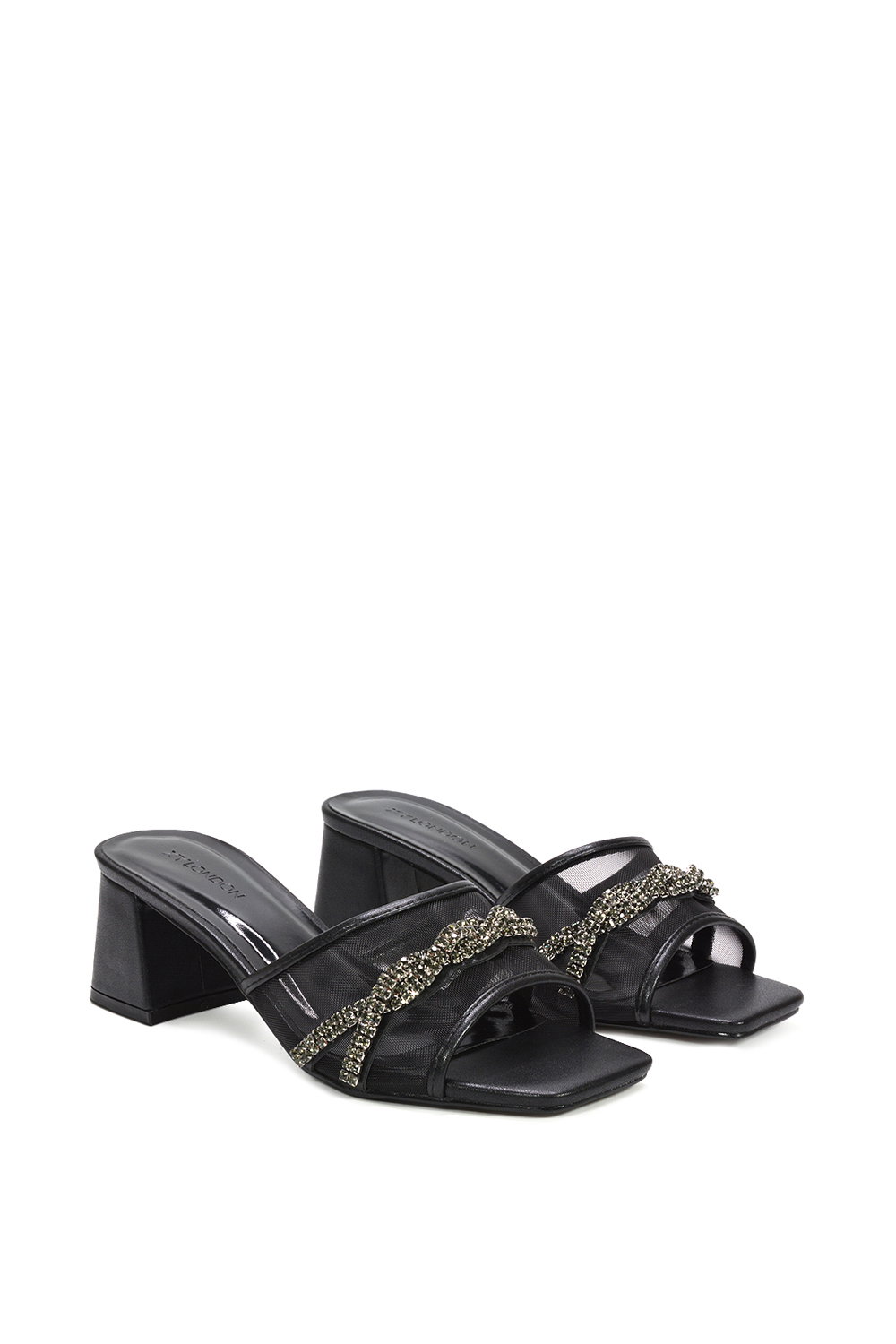 Black 'Senara' Backless Block Heel Sandals With Crystals and Mesh, Image 3 of 6