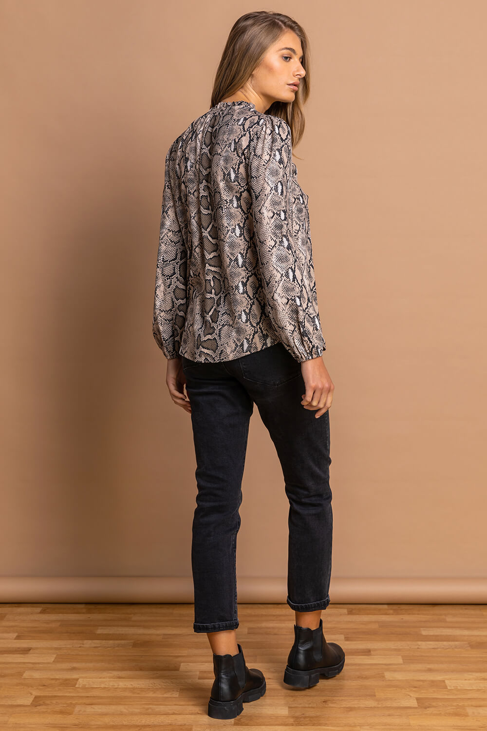 Neutral Snake Print Tie Neck Blouse, Image 3 of 5