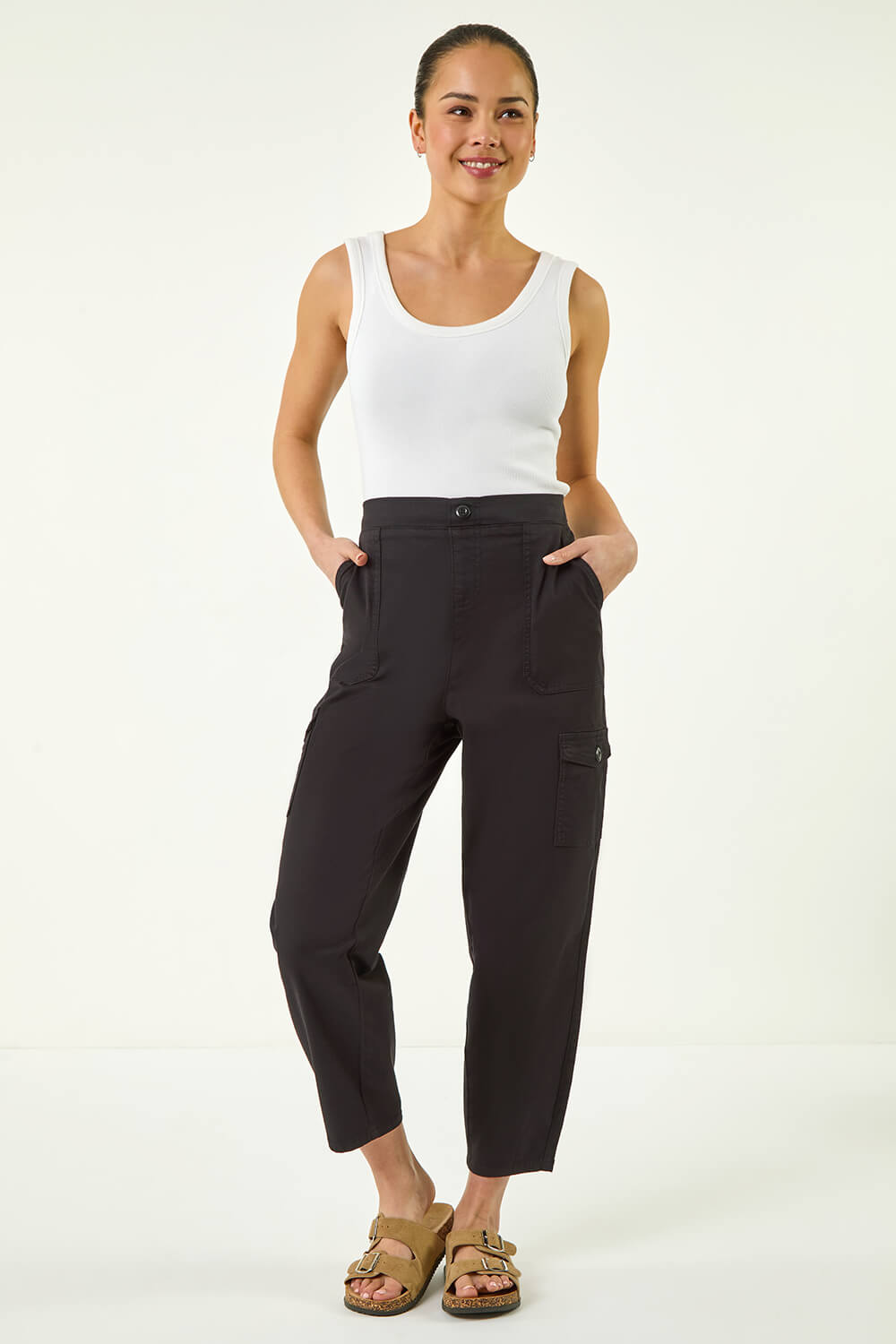 Black Petite Cotton Cargo Stretch Trousers , Image 3 of 5