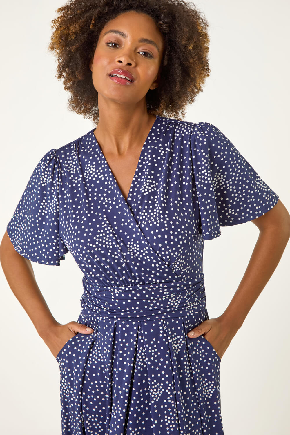 Navy  Polka Dot Wrap Midi Dress, Image 5 of 5