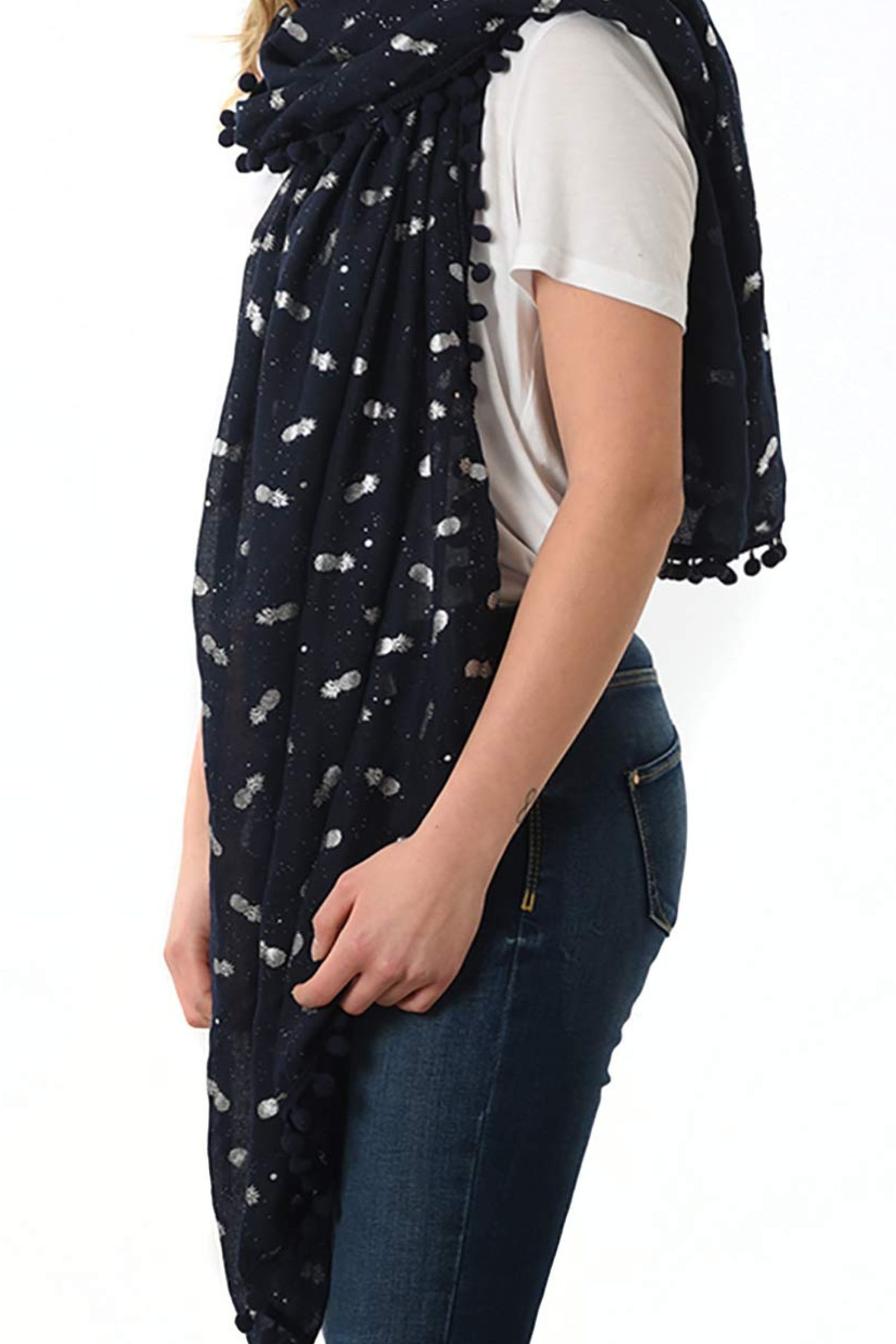 Navy Blue Pom Pom Pineapple Foil Scarf, Image 3 of 4