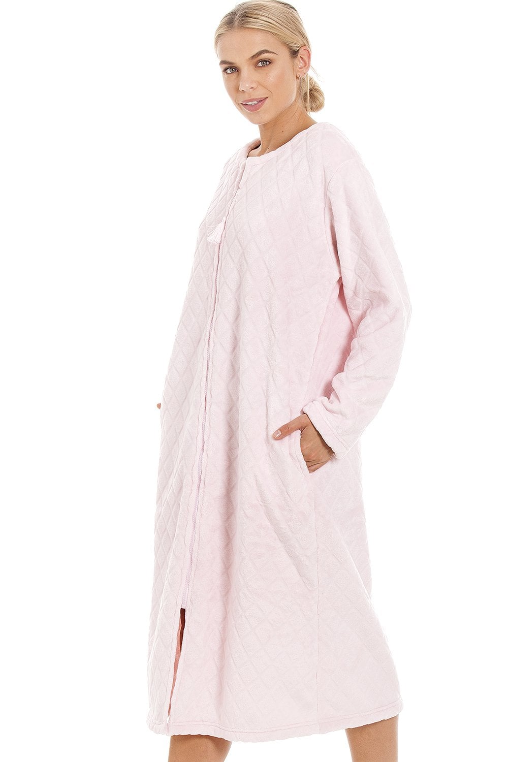 Light Pink Camille Lingerie Light Pink Supersoft Diamond Print Zip Up Housecoat, Image 3 of 5