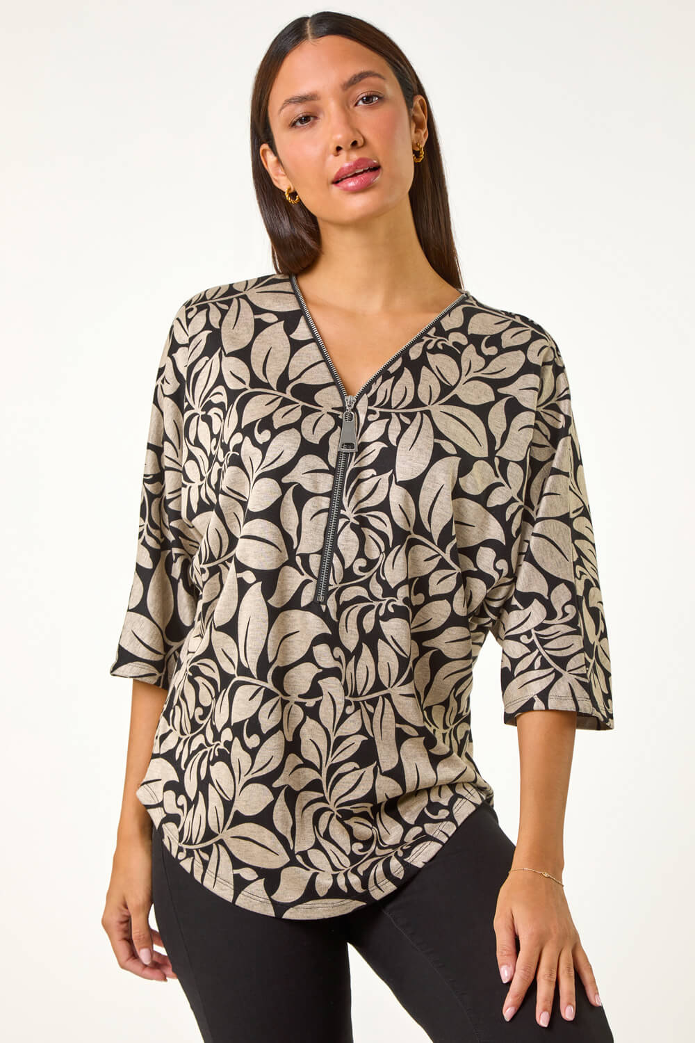 Stone Leaf Print Front Zip Stretch Top, Image 5 of 5