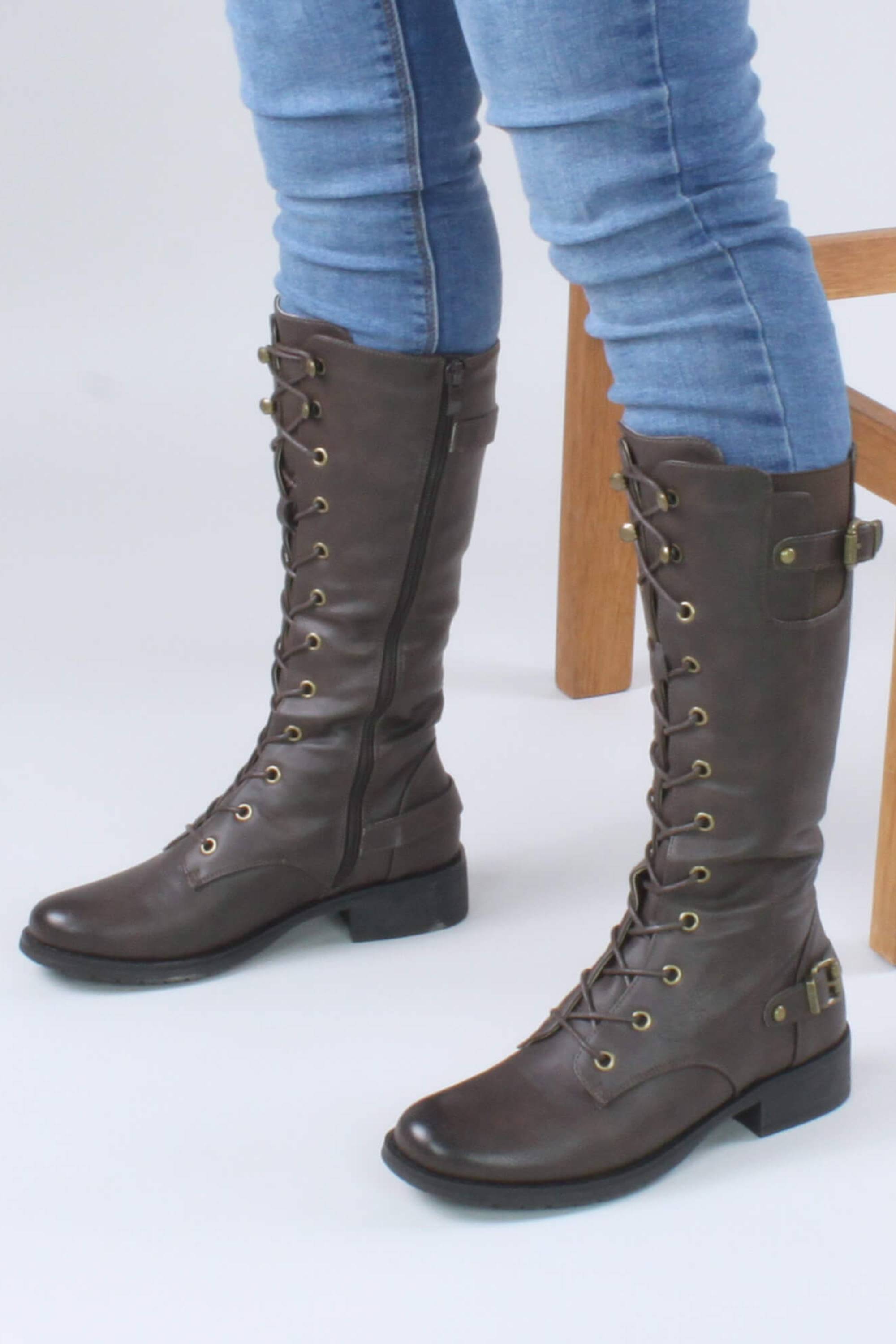 Brown AJVANI Brown Lace Up Calf Military Biker Boots, Image 5 of 6