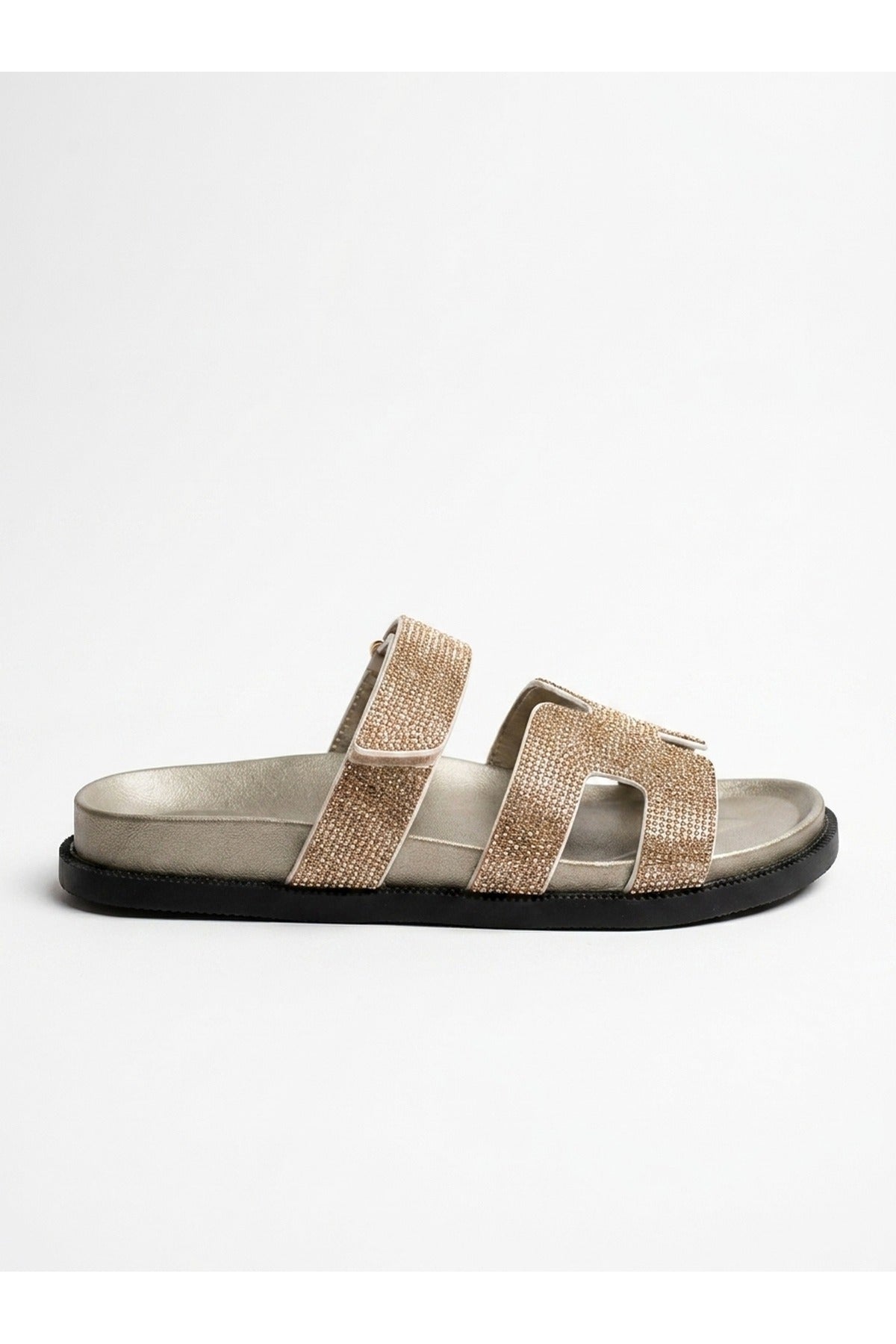Metallic Pearl Rhinestone Embellished Double Strap Sandals