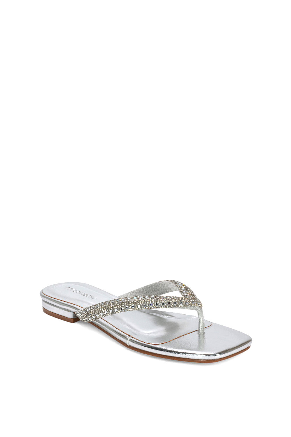 Silver XY LONDON Silver 'Blake' Flat Slip On Diamante Sandals With Thong Strap, Image 2 of 6