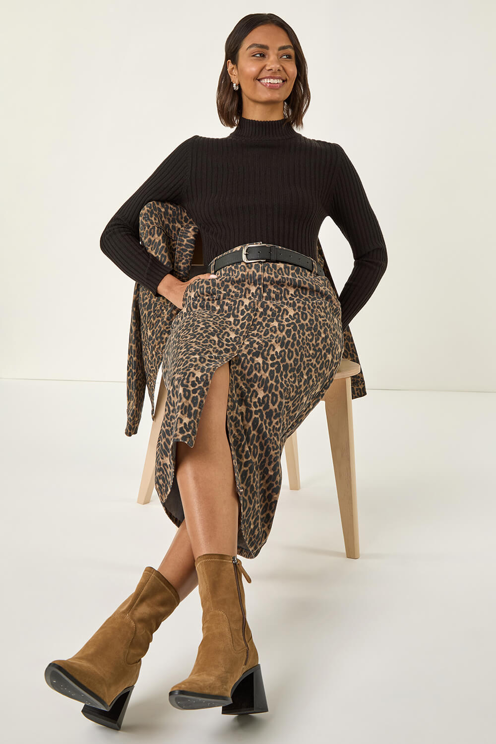 Jupe Midi Kitri Femme – Taille 12 – Imprimé Animal Brun – Coupe A-Line