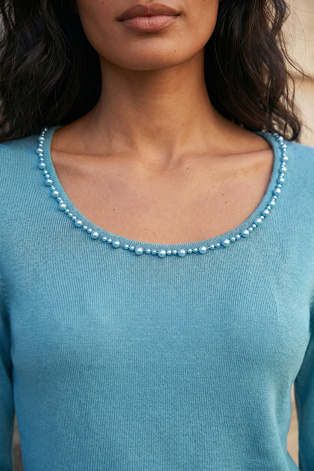 Light Blue Square Neck Pearl Trim Knit Jumper, Image 5 of 4