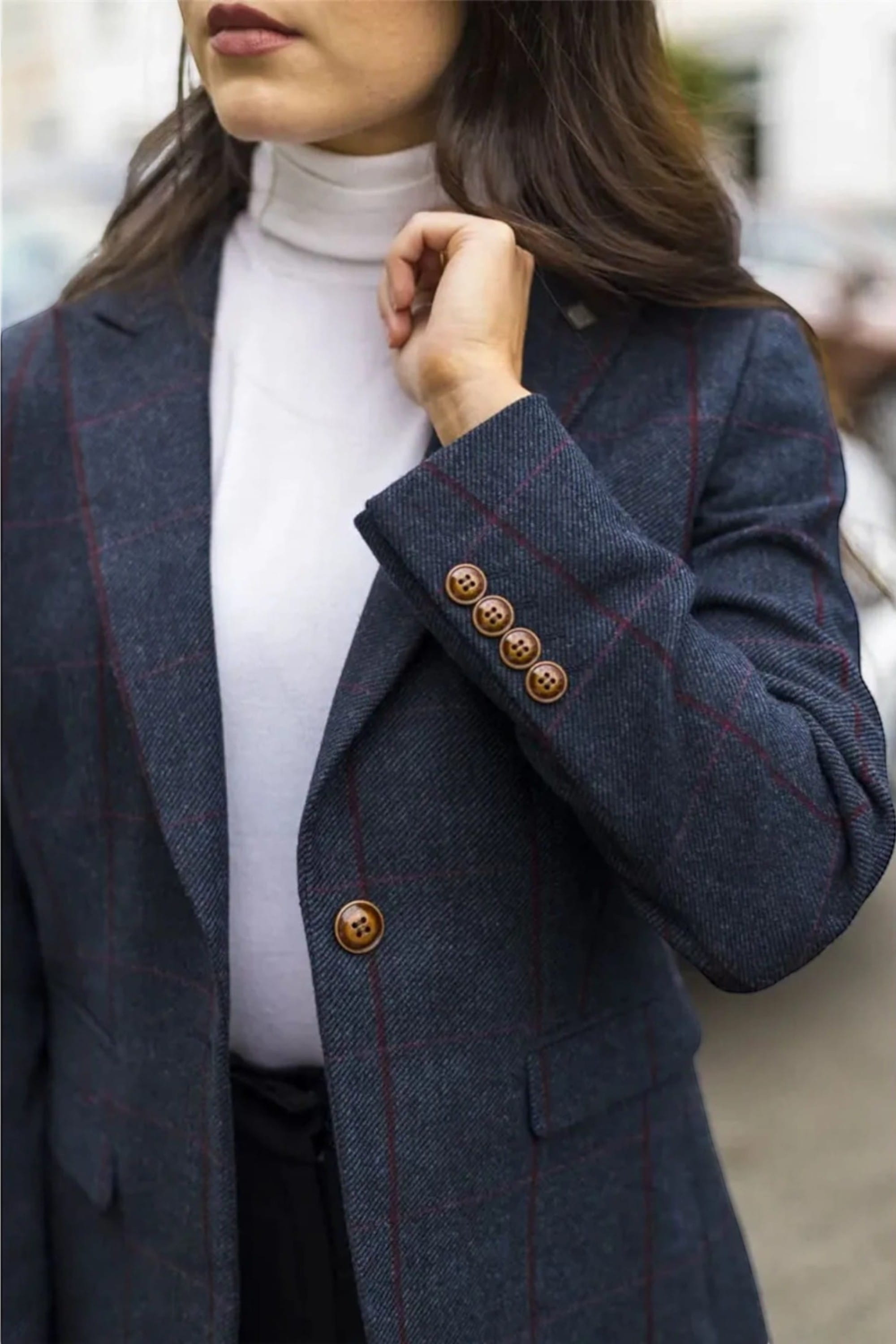Navy Infinity Leather Navy Women's Navy Tweed Formal Blazer, Image 4 of 7