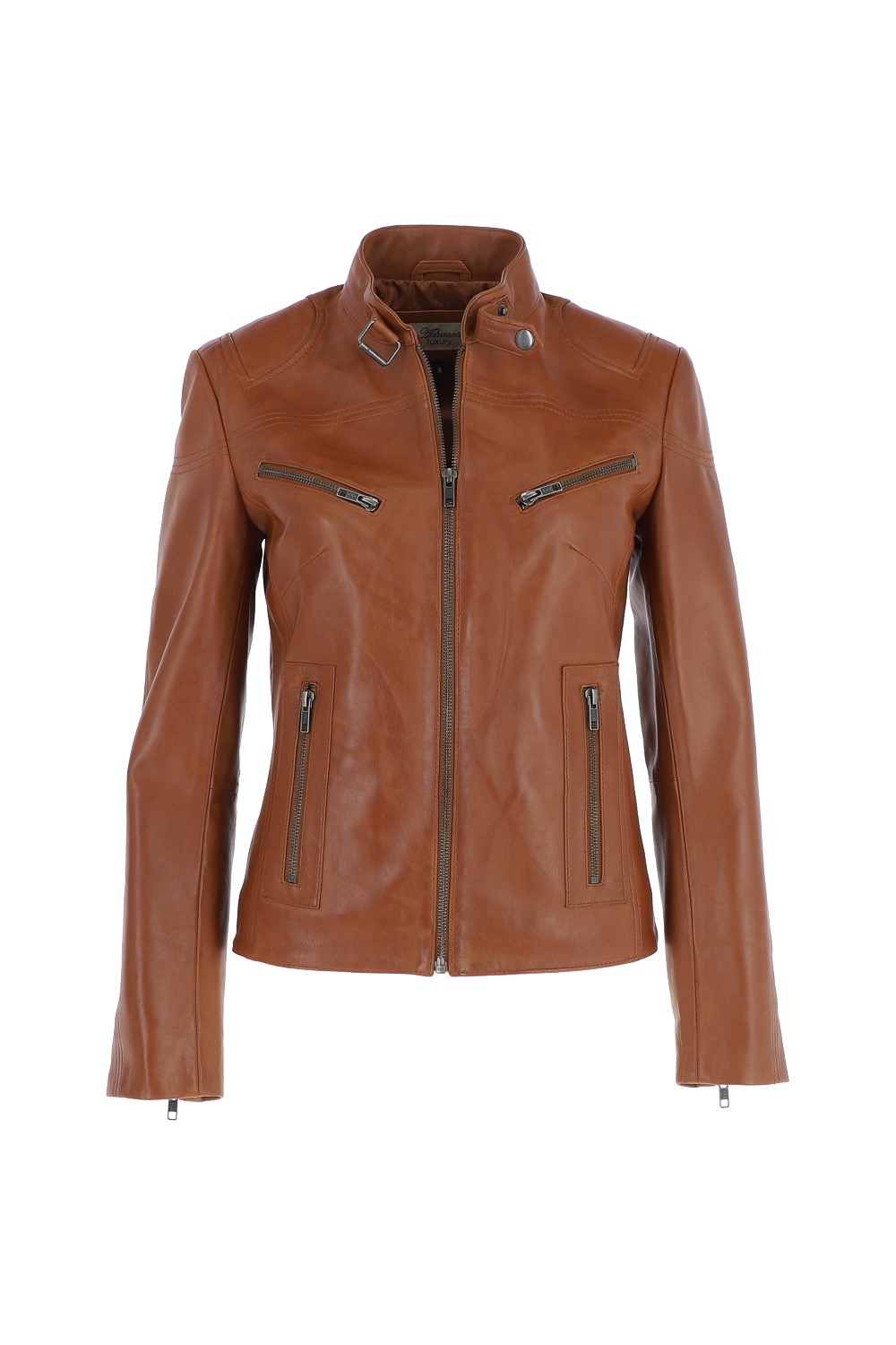 Tan 'lolita' Real Leather Mandarin Collar Biker Jacket, Image 2 of 5