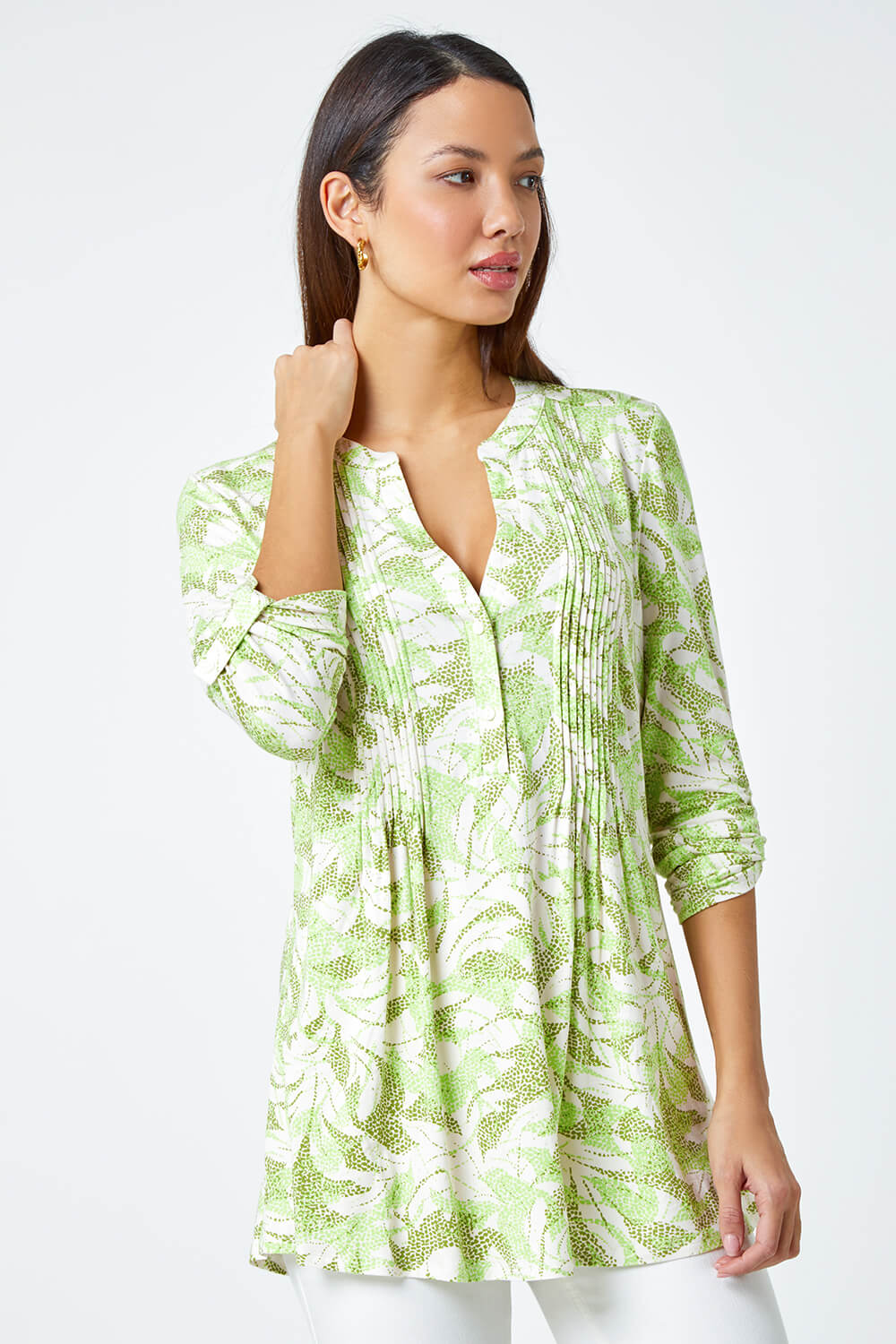 Khaki Camo Leaf V-Neck Pintuck Stretch Top, Image 1 of 5