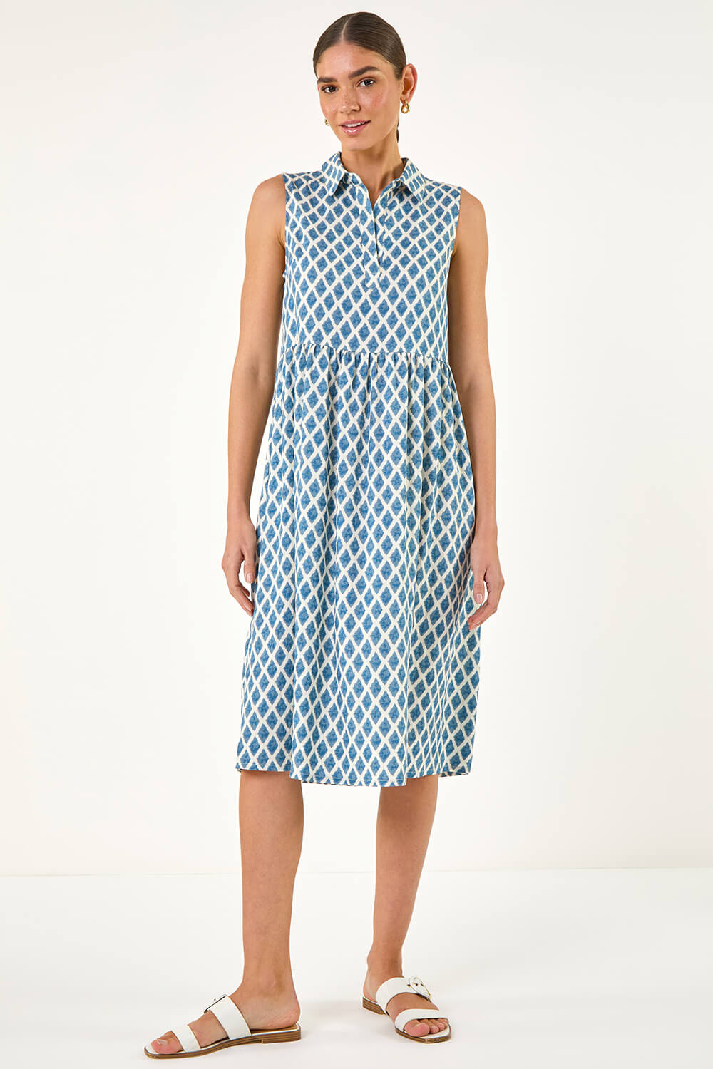 Blue Geometric Diamond Collared Swing Dress, Image 3 of 5