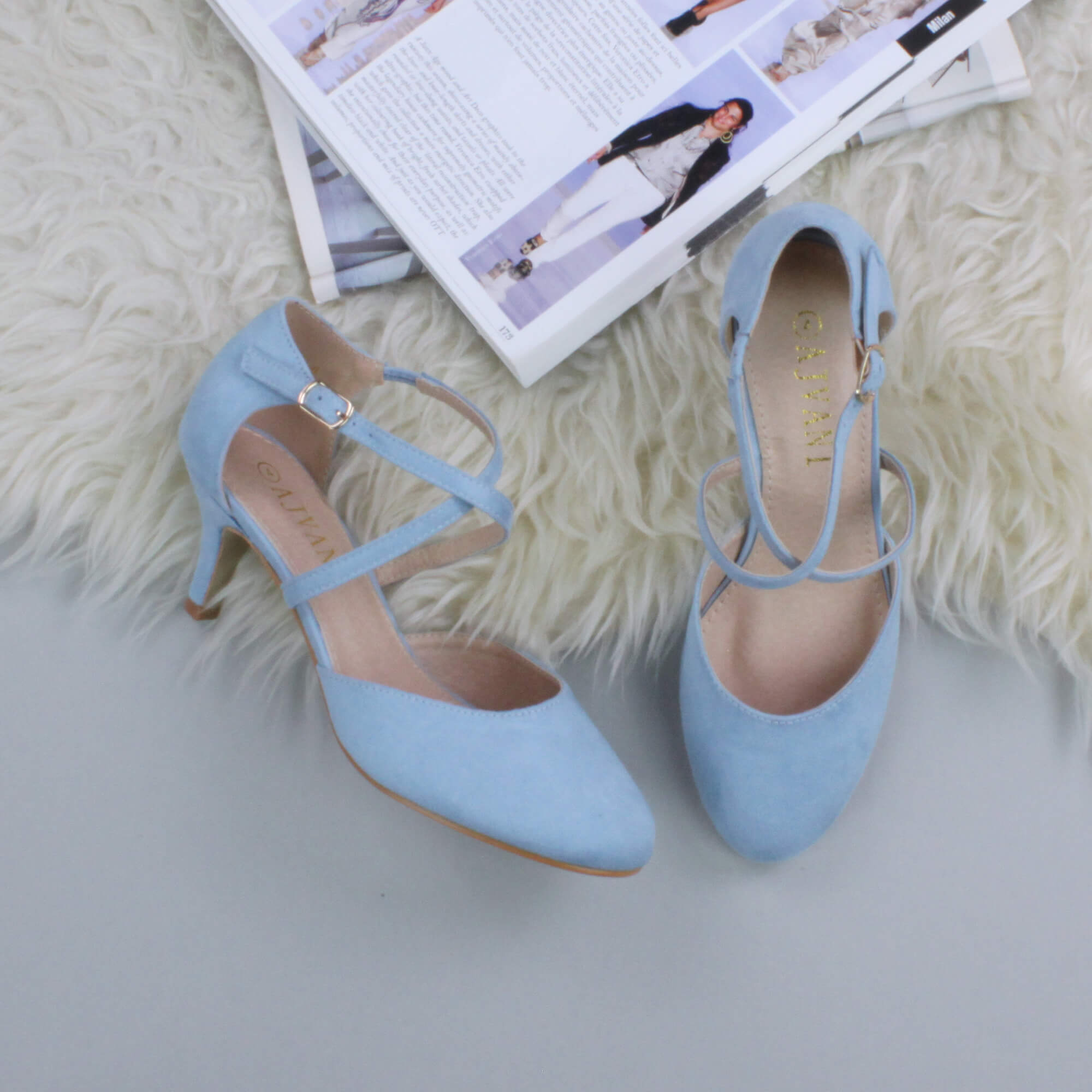Light Blue AJVANI Light Blue Mid Heel Crossed Straps Court Shoes, Image 4 of 6