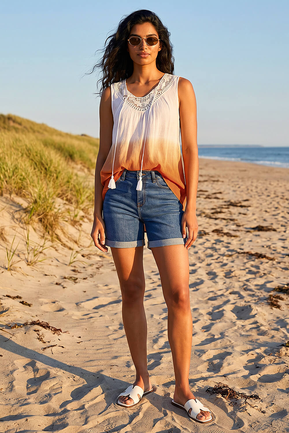 Rust Cotton Lace Detail Ombre V-Neck Vest Top, Image 3 of 4