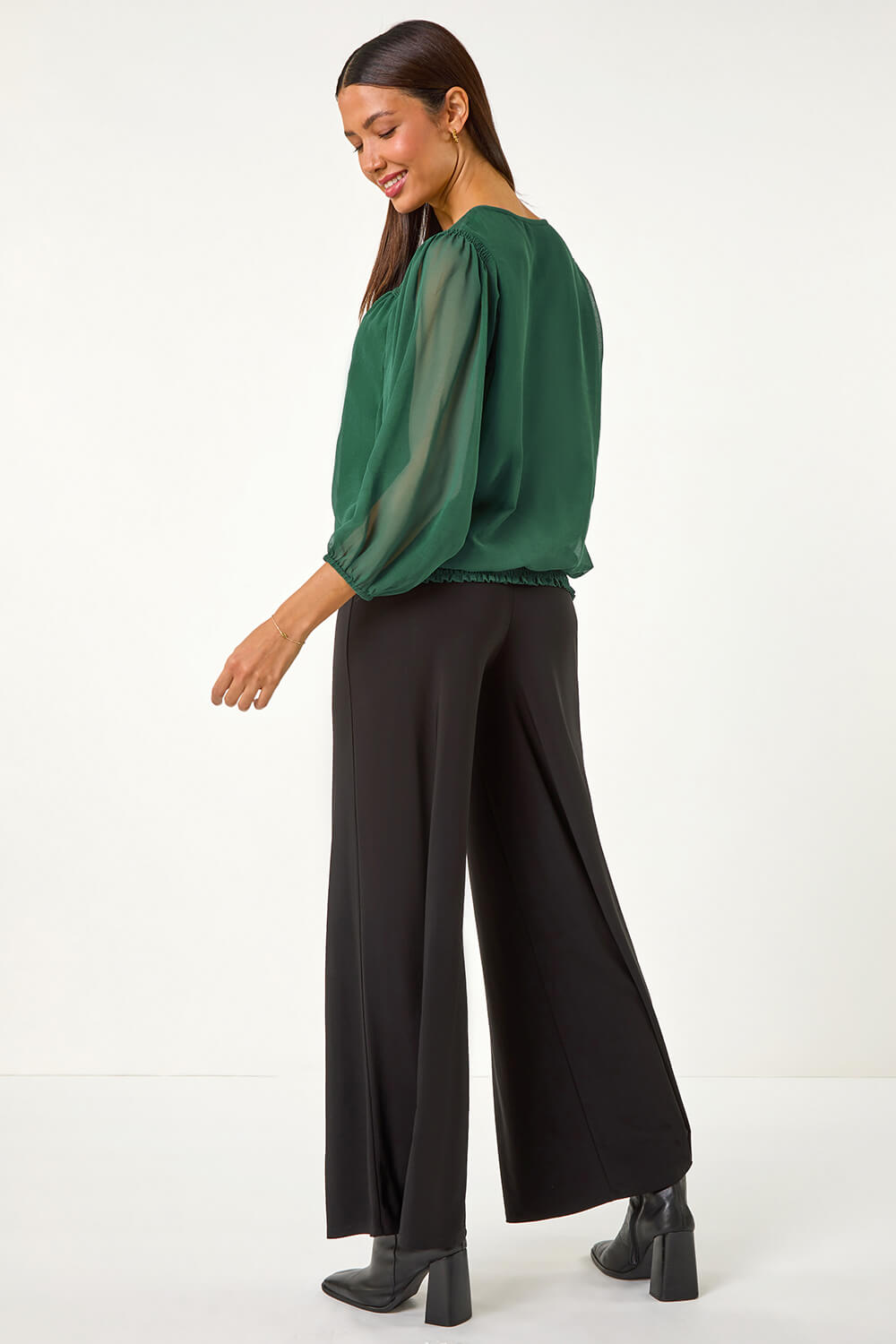 Dark Green Embroidered Lace Shirred Hem Top, Image 4 of 5