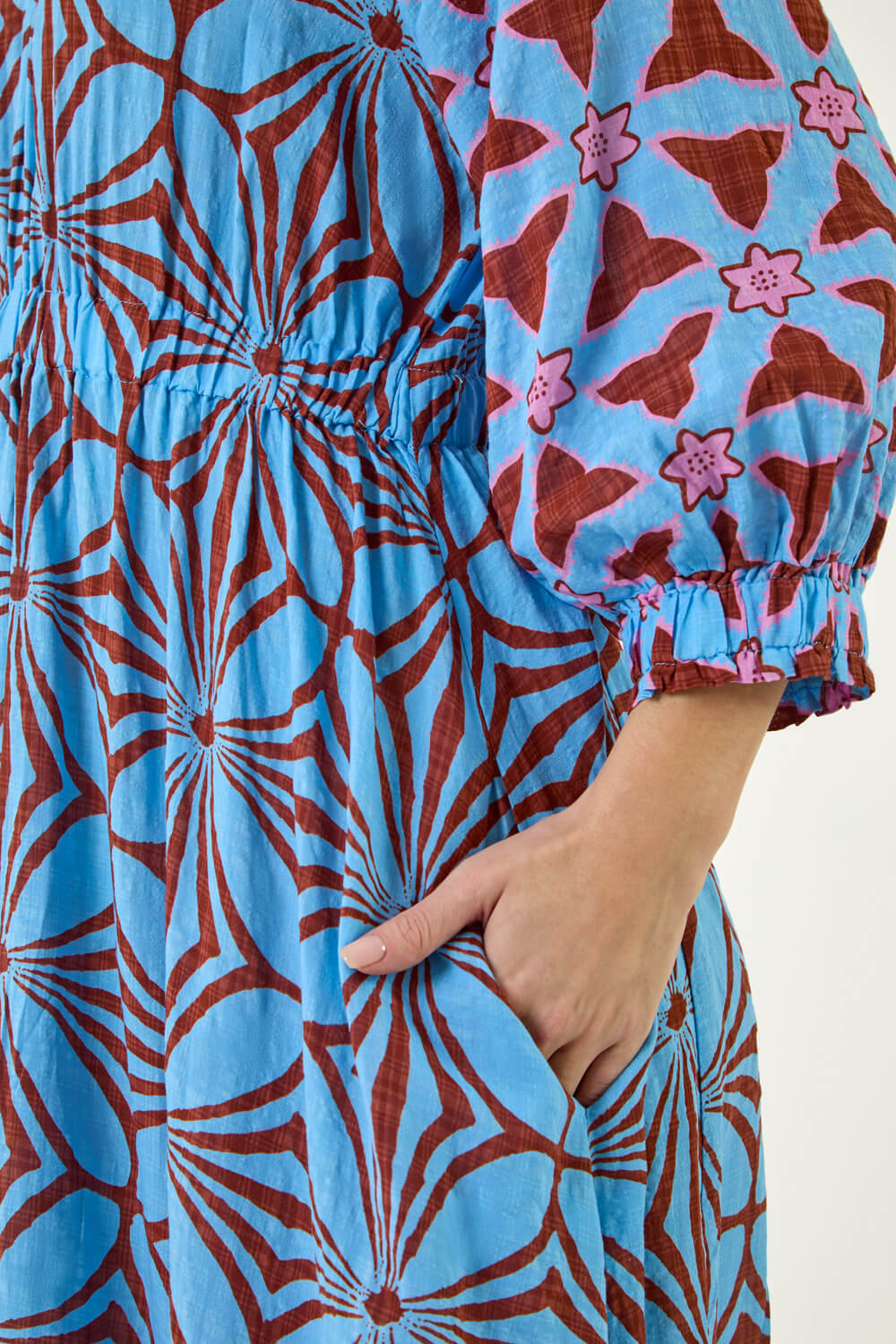 Blue Abstract Print V-Neck Maxi Dress, Image 6 of 5