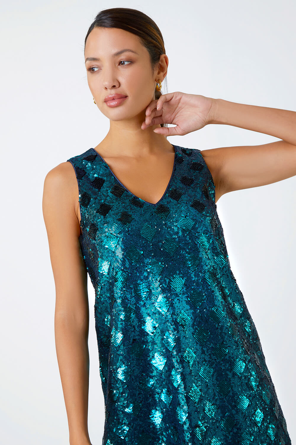Emerald Sequin Diamond Print Swing Stretch Dress, Image 5 of 5
