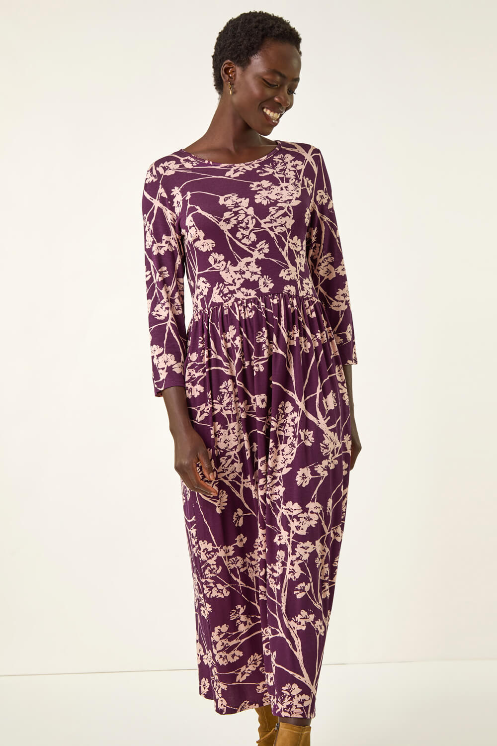 Purple Shadow Floral Stretch Midi Dress, Image 5 of 5