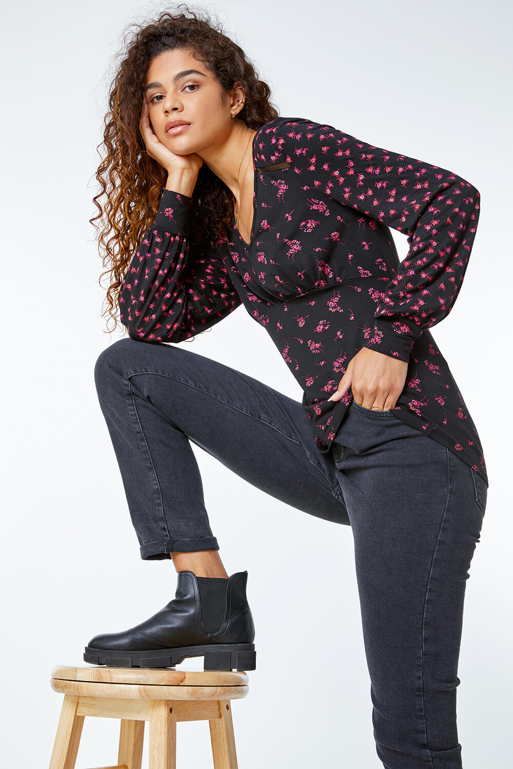 Black Ditsy Floral Ladder Lace Top , Image 1 of 5