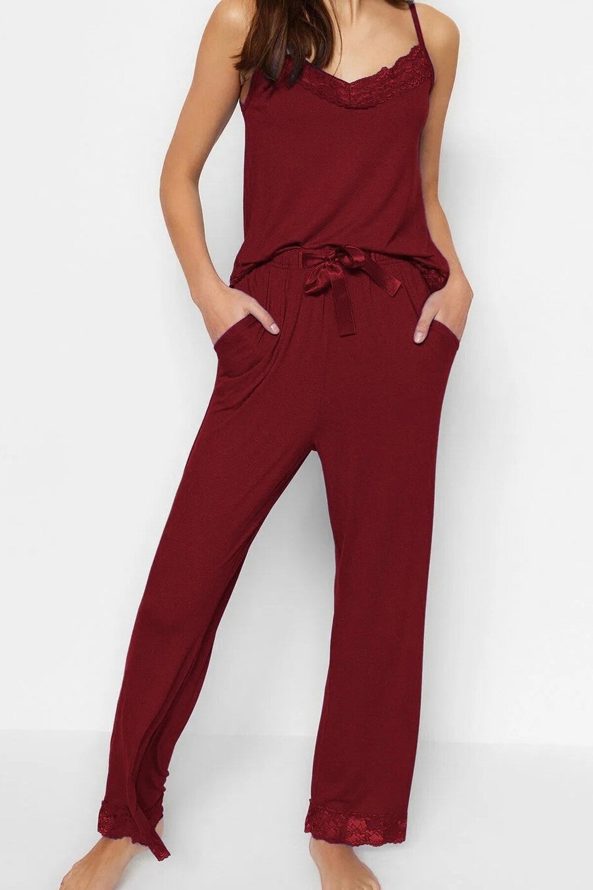 Burgundy WOVCOR Burgundy 2-Piece Lace Trim and Pyjama Set, Image 2 of 5