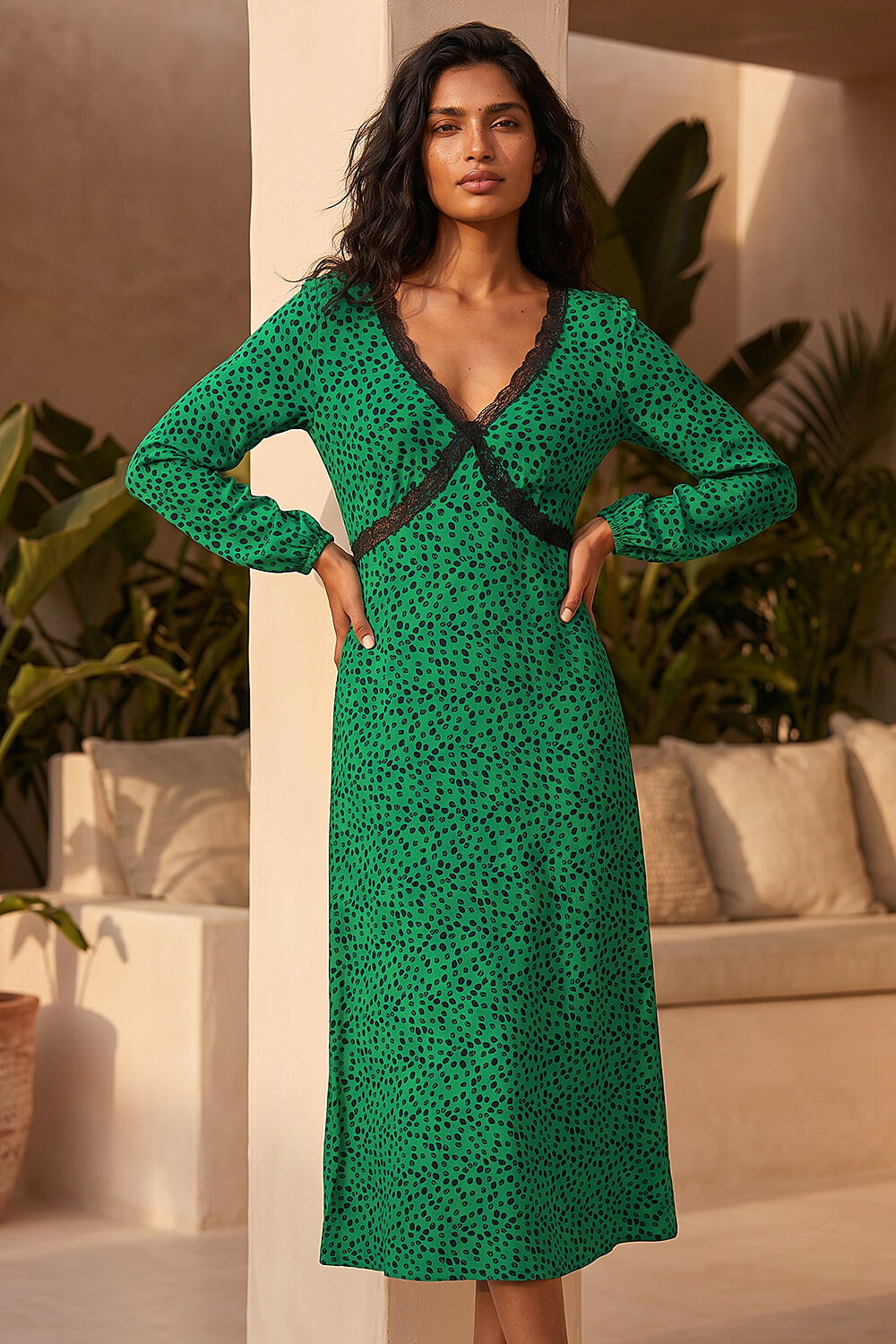 Green Lace Front Midi Dress, Image 3 of 4