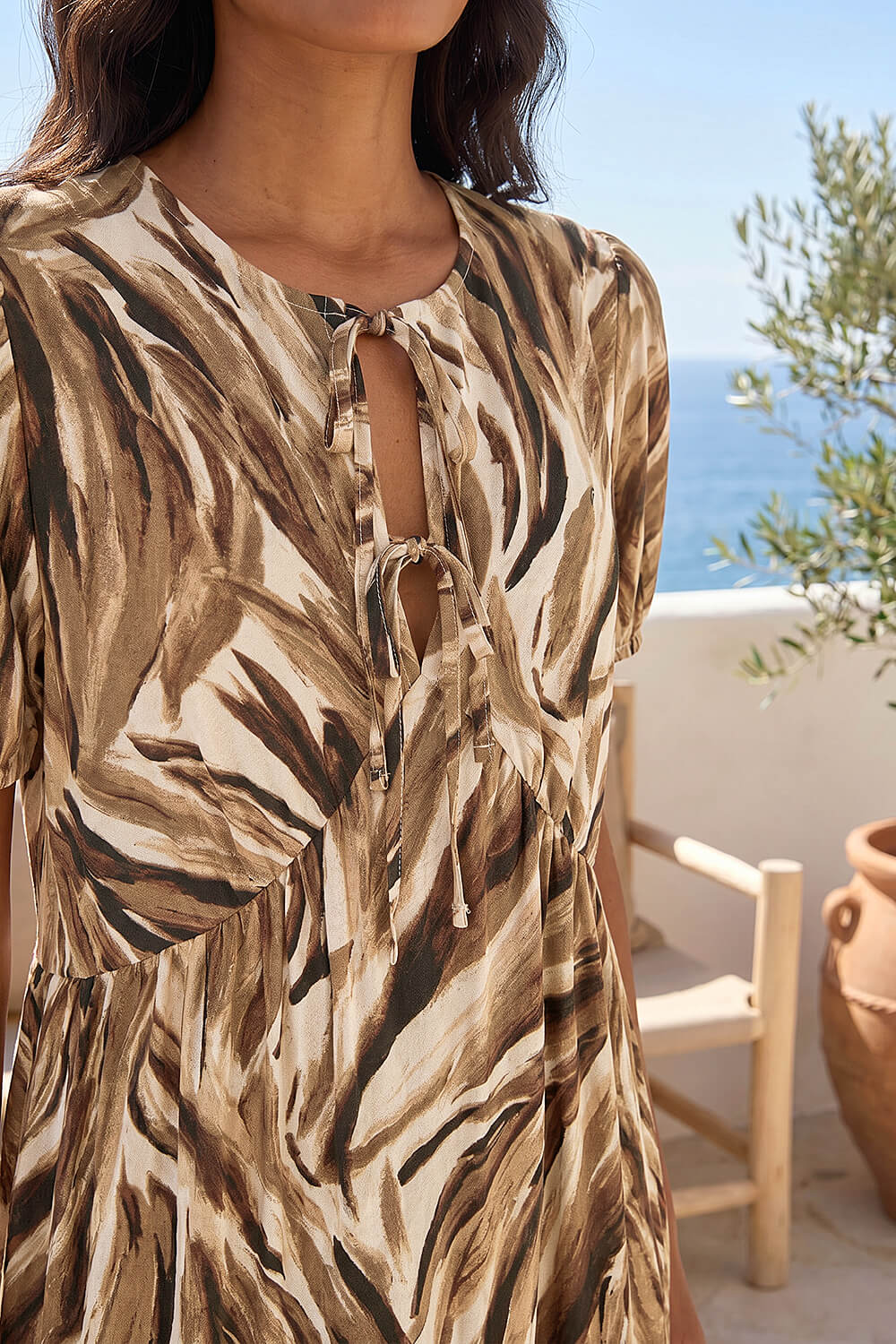 Tan Abstract Print Tie Front Smock Dress, Image 5 of 4