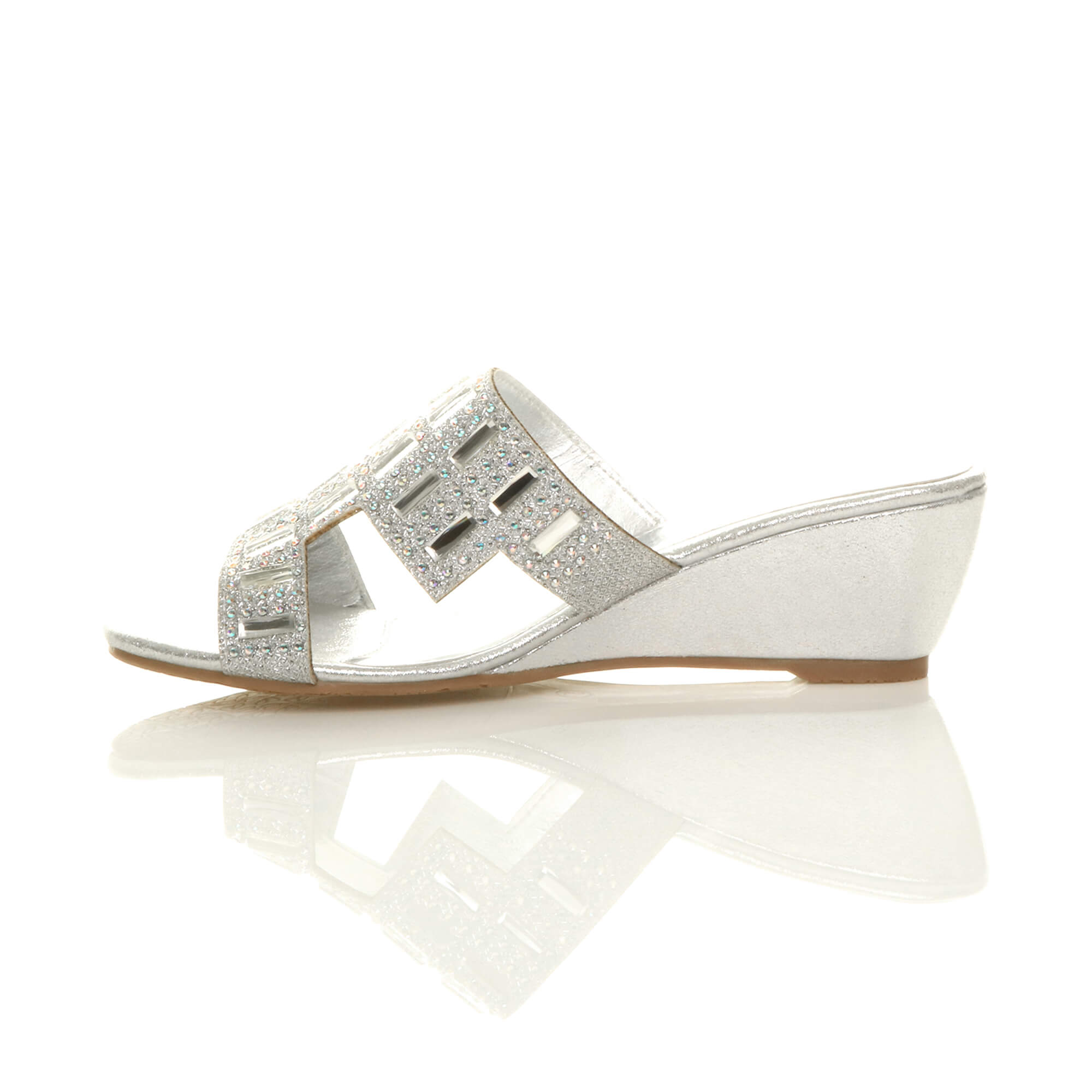Silver AJVANI Silver Low Wedge Heel Diamante Sandals Mules, Image 3 of 6
