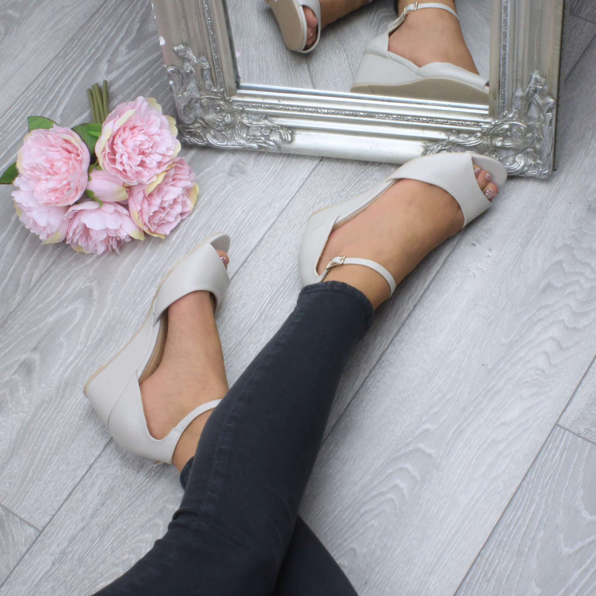 Natural AJVANI Natural Mid Wedge Heel Ankle Strap Sandals, Image 5 of 6