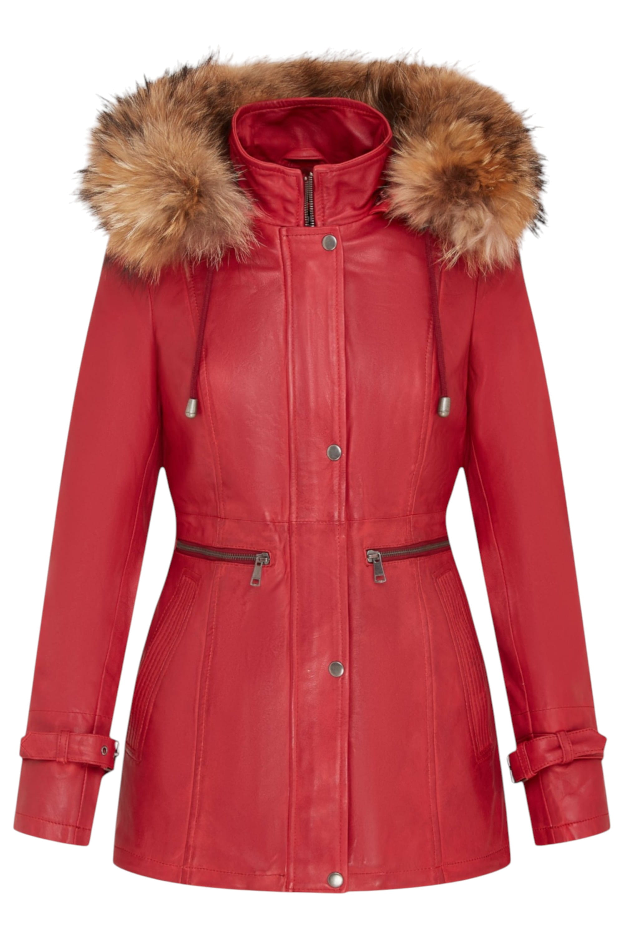 Red Leather Hooded Parka Jacket-Putian, Image 1 of 4