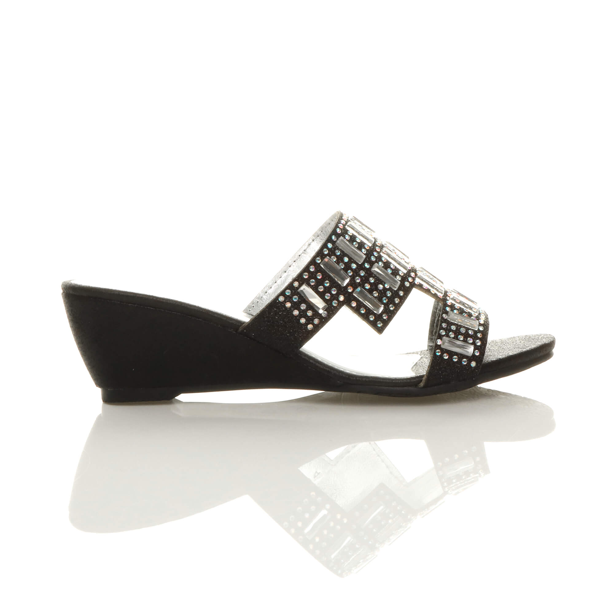 Black Low Wedge Heel Diamante Sandals Mules, Image 2 of 6
