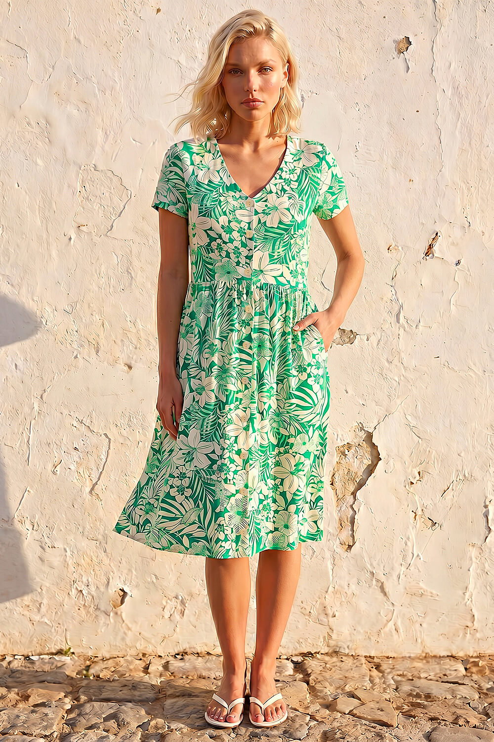 Green Petite Tropical Pocket Stretch Midi Dress, Image 3 of 4