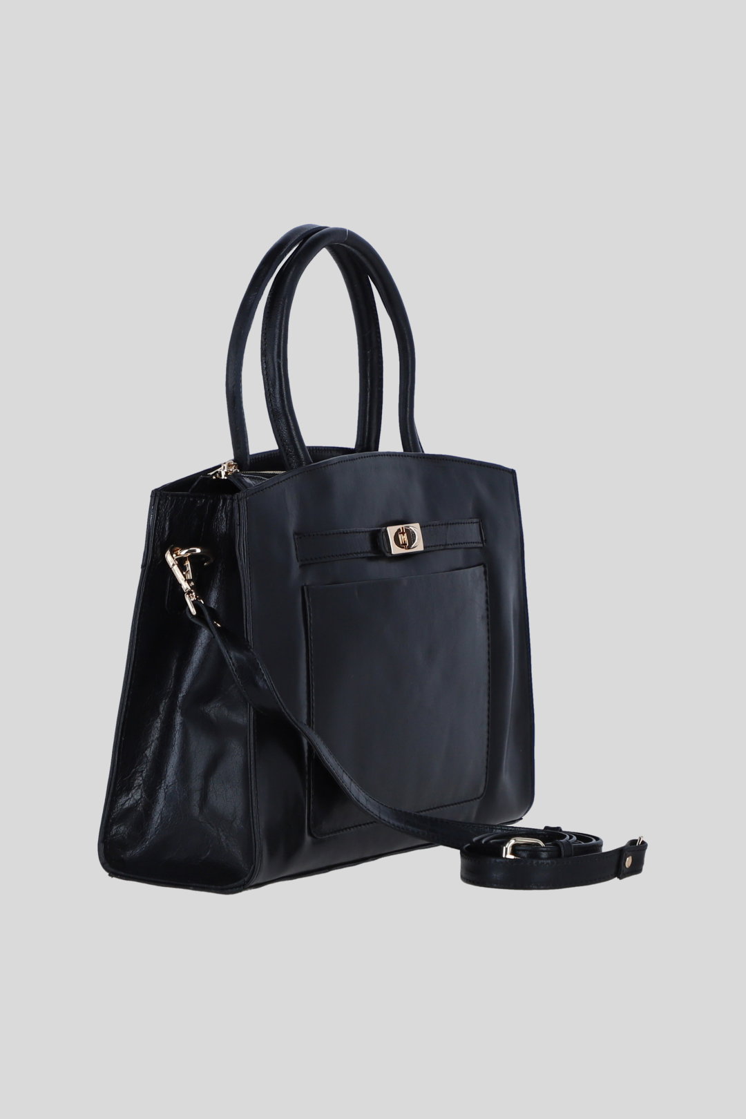 Black Real Leather Structured Handbag with Detachable Strap, Image 4 of 4