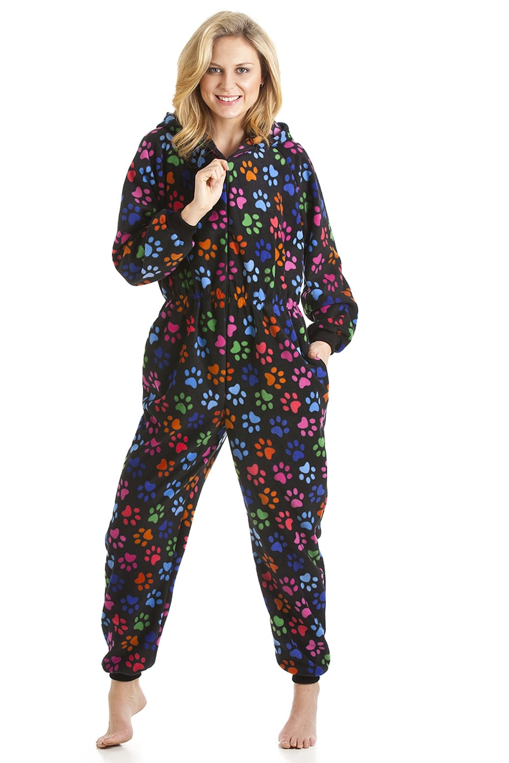Black Camille Lingerie Black All In One Paw Print Hooded Fleece Onesie, Image 5 of 5