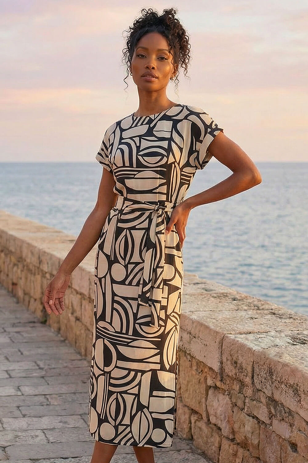 Ivory Geometric Textured Midi Dress, Image 4 of 4