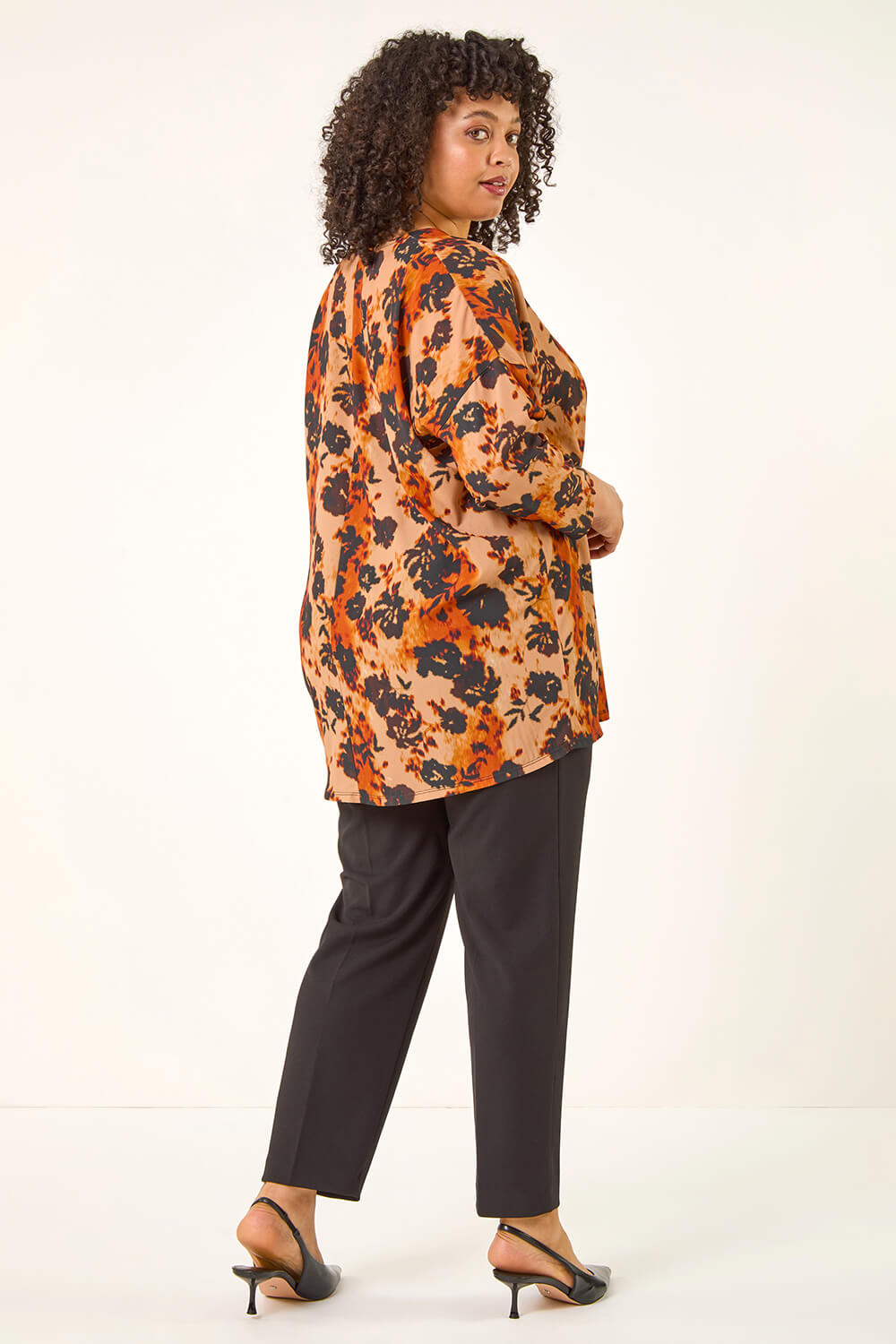 Rust Curve Watercolour V-Neck Stretch Top, Image 5 of 5