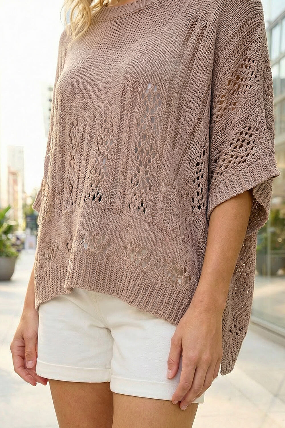 Taupe Stitch Light Knit Poncho, Image 5 of 4