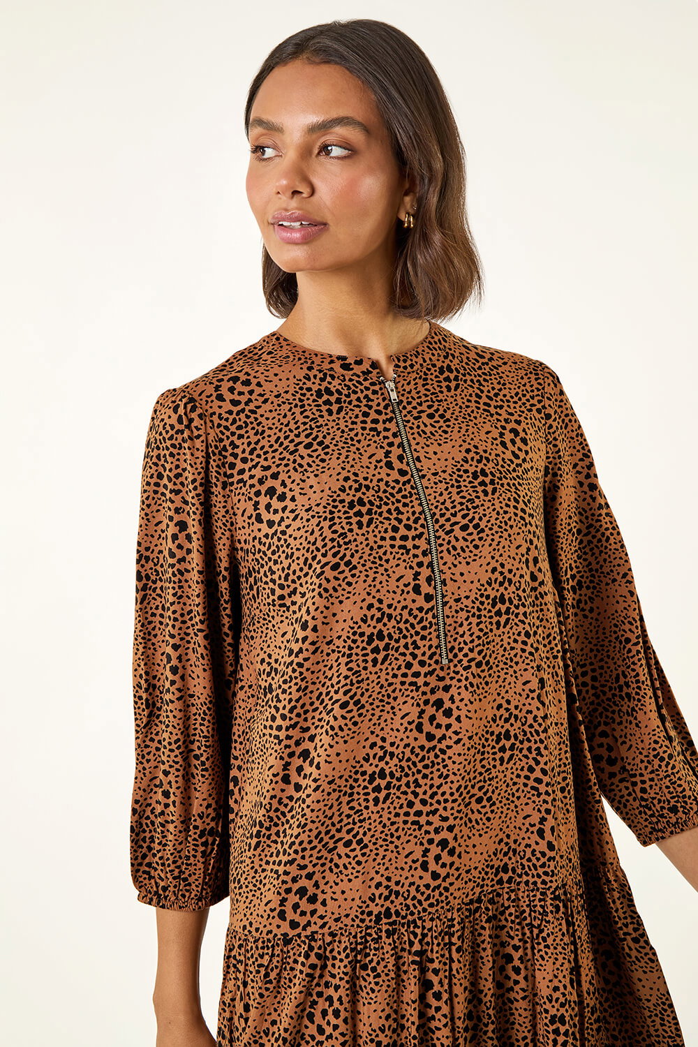 Tan Spot Print Zip Front Dress, Image 6 of 7