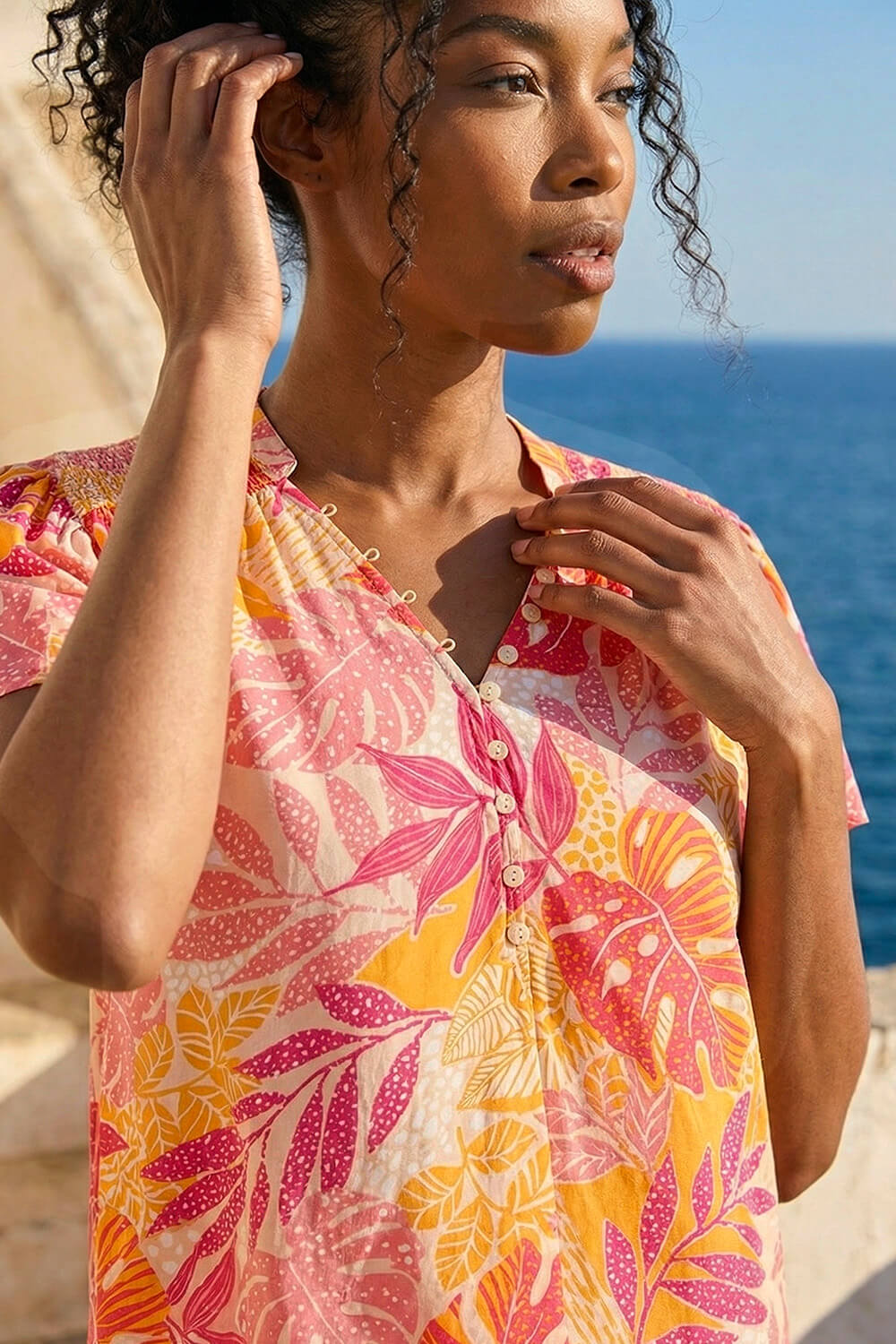 PINK Leaf Print Shirred V-Neck Top, Image 5 of 4