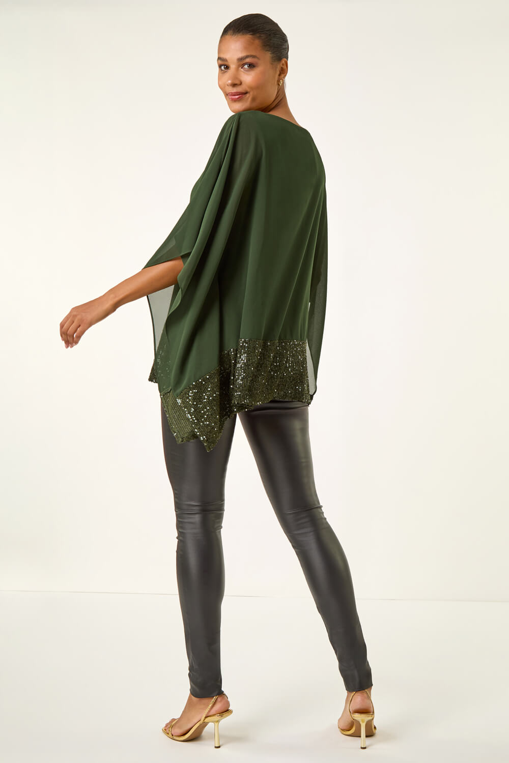Dark Green Sequin Hem Contrast Tunic Top, Image 4 of 5