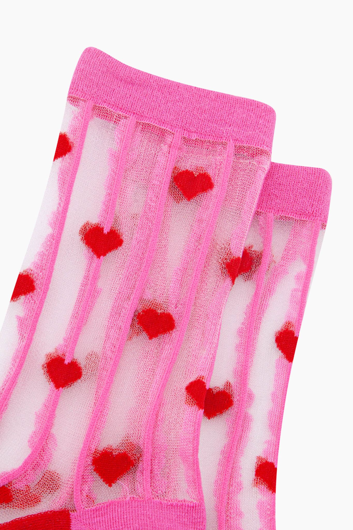 Pink Hearts Stripes Combed Cotton Sheer Pop Socks in Pink, Image 2 of 3