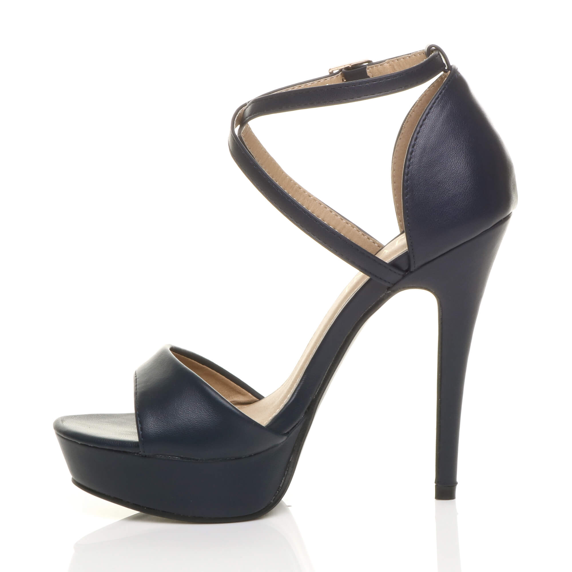 Navy Blue AJVANI Navy Blue High Heel Crossed Straps Platform Sandals, Image 3 of 6