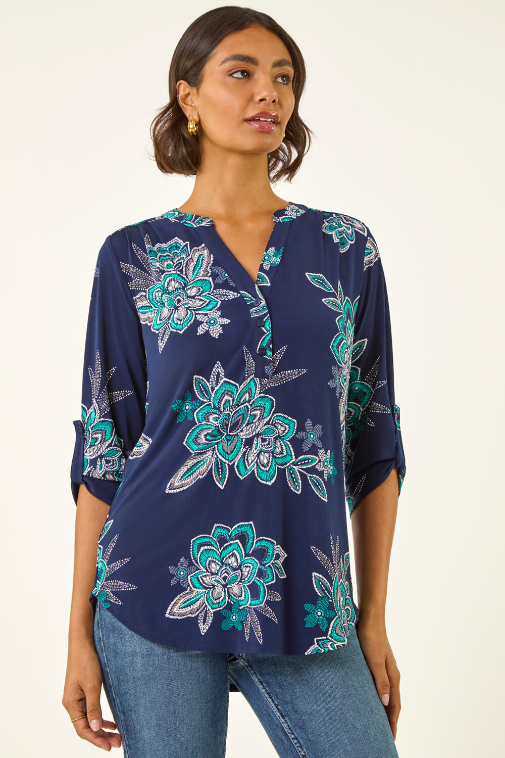 Turquoise Floral Puff Print Stretch Shirt, Image 1 of 5