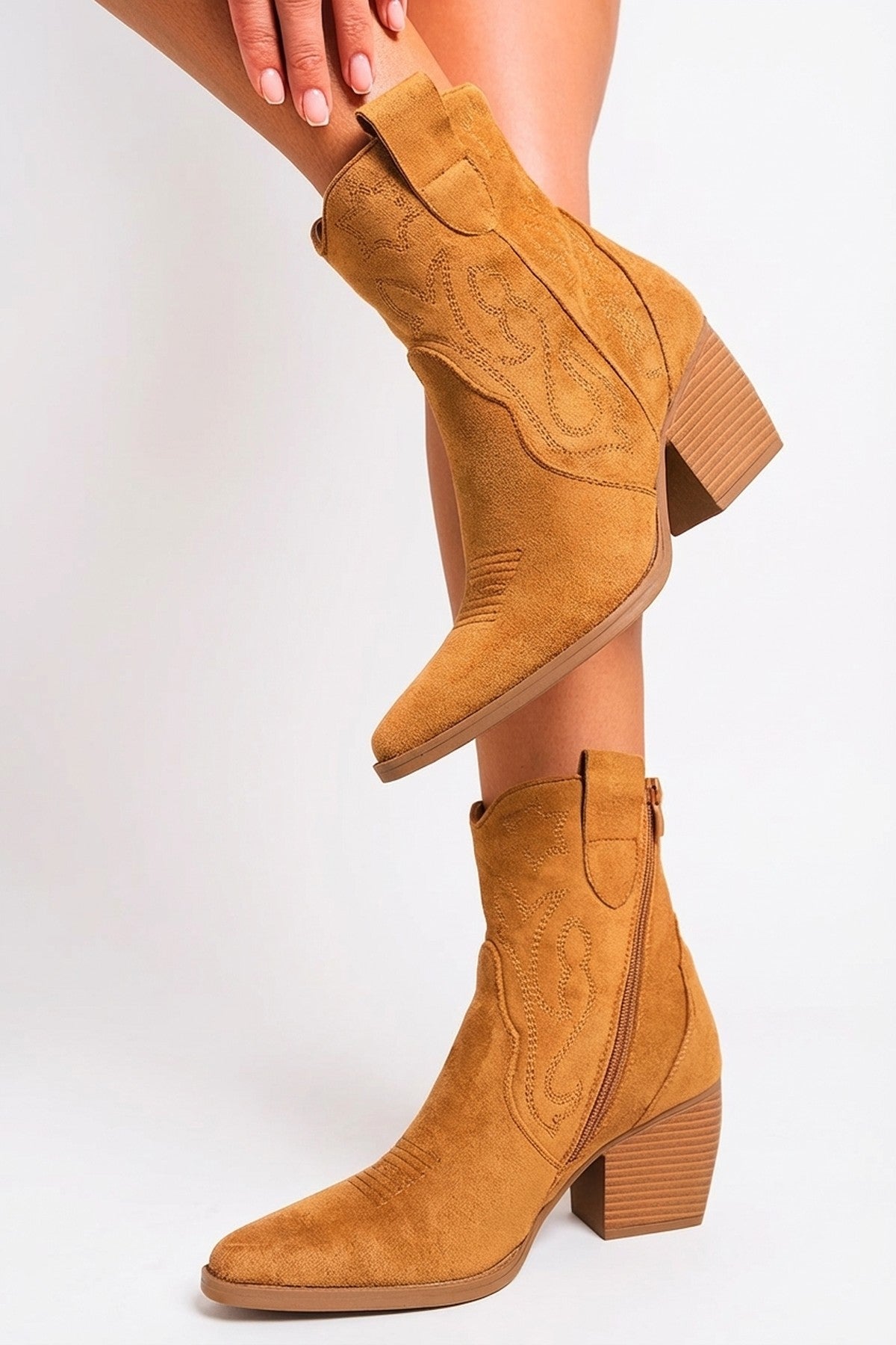 Camel Laura Suede Cowboy Ankle Length Boots, Image 4 of 8