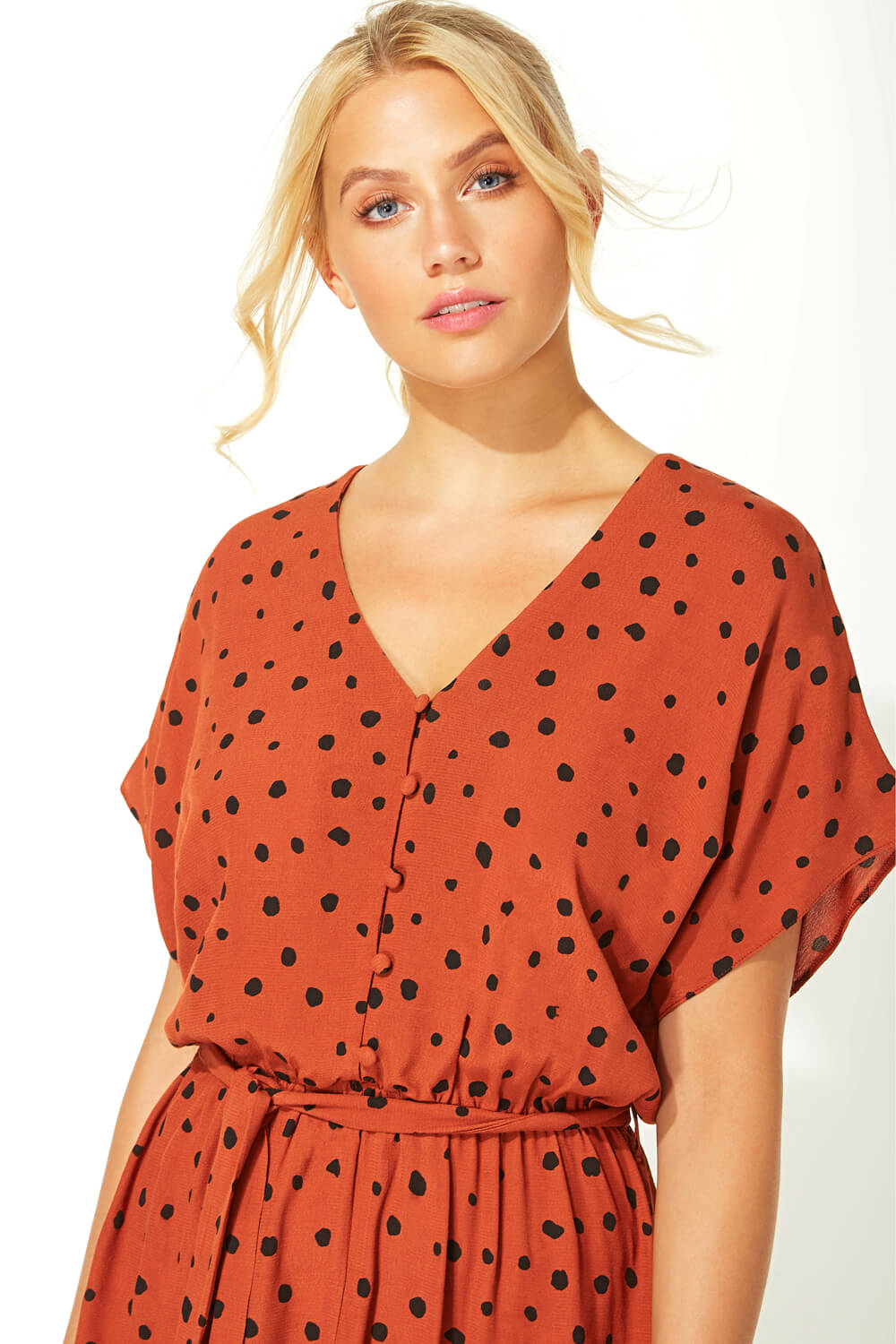 Rust Polka Dot Midi Tea Dress, Image 4 of 5