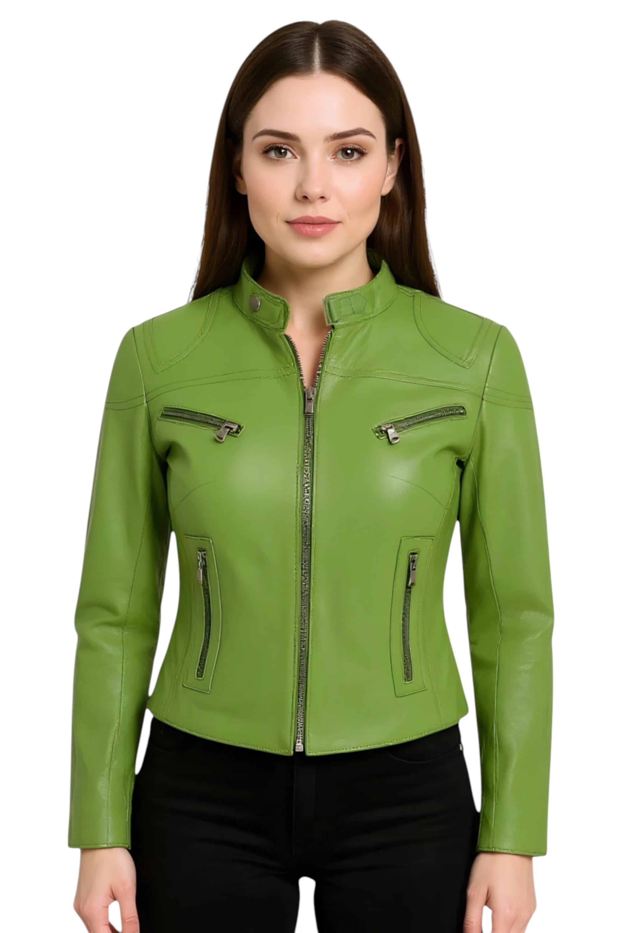 Green Slim-Fit Leather Biker Jacket-Tulsa, Image 1 of 7